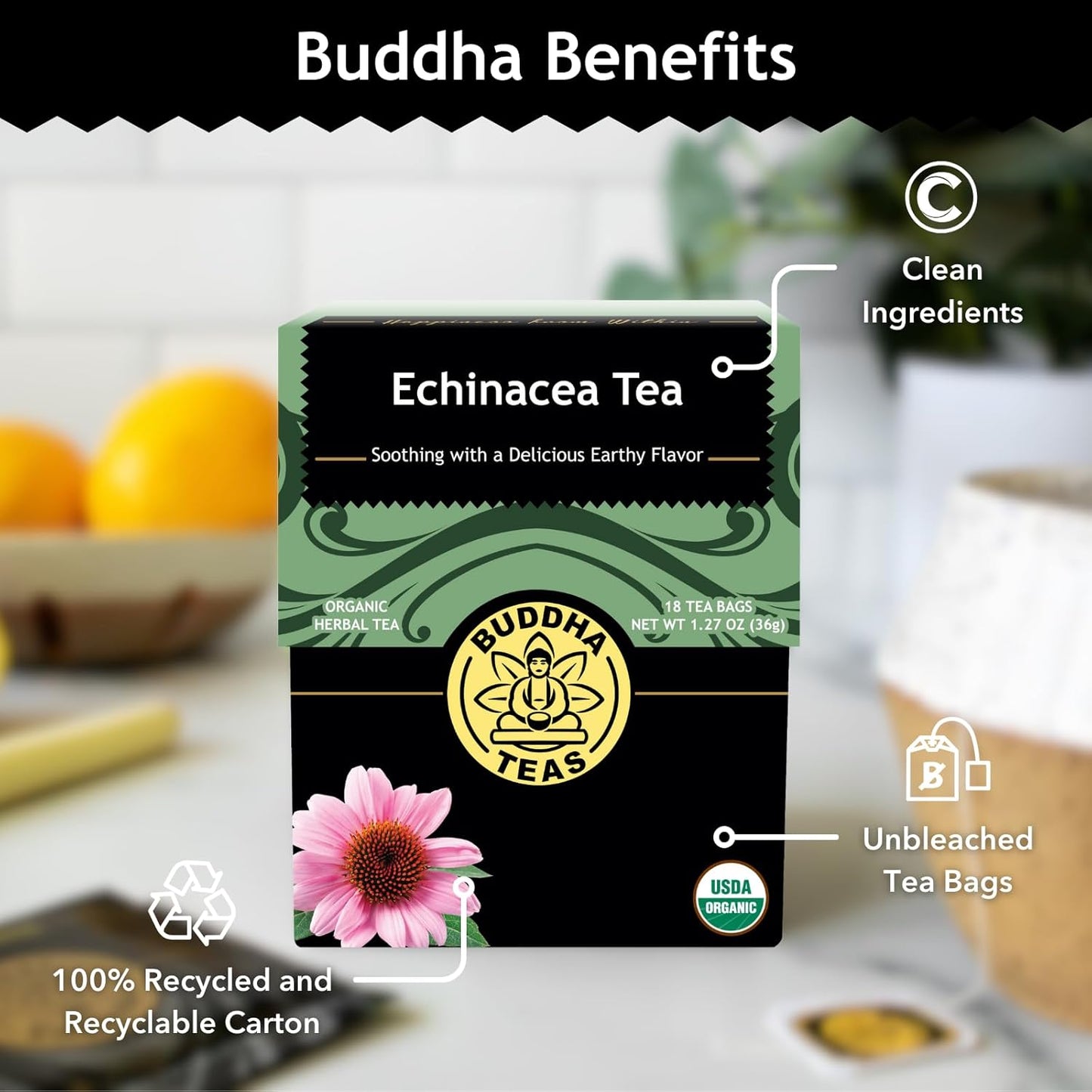 Buddha Teas - Chaga Tea - Organic Herbal Tea - For Cognitive Balance & Overall Health - With Chaga Mushroom, Antioxidants & B Vitamins - Caffeine Free - OU Kosher - 18 Tea Bags (Pack of 1)
