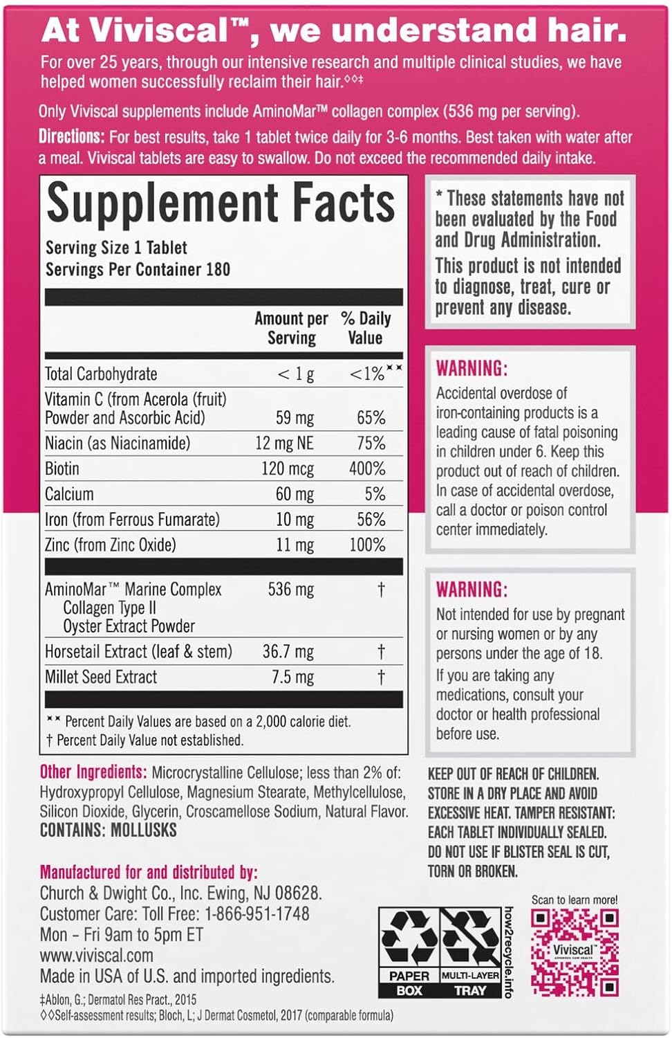 Viviscal Hair Growth Supplements For Women For Thicker, Fuller Hair, Nourishes Thinning & Loss, With Proprietary Collagen Complex, 180 Tablets, 3 Month Supply