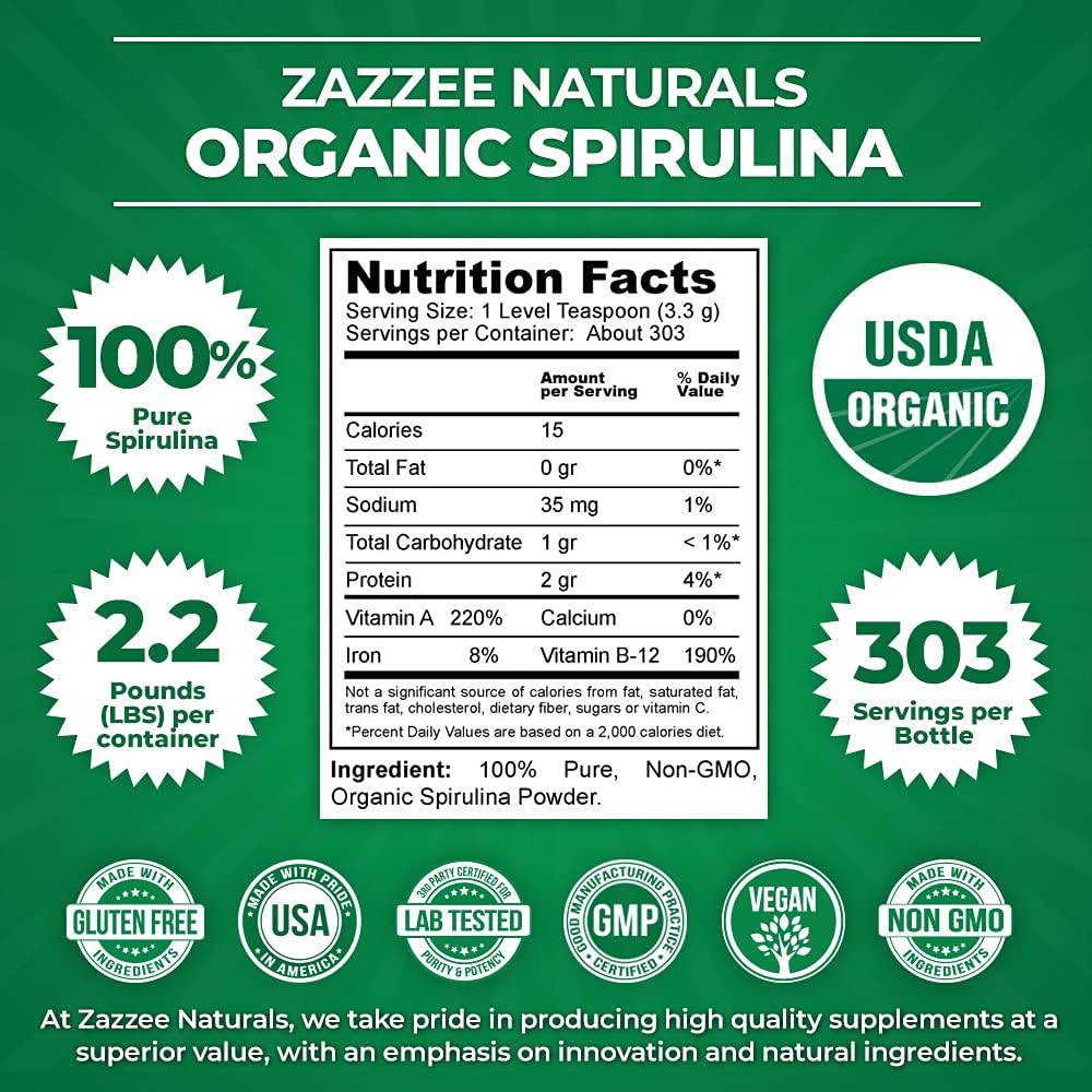Zazzee Organic Spirulina Powder, 2.2 Pounds (1 KG), USDA Certified, 303 Servings, 100% Pure, Non-Irradiated, Mess-Free Wide Mouth Container, Fresh Smell and Neutral Taste, Vegan, Non-GMO, Gluten-Free