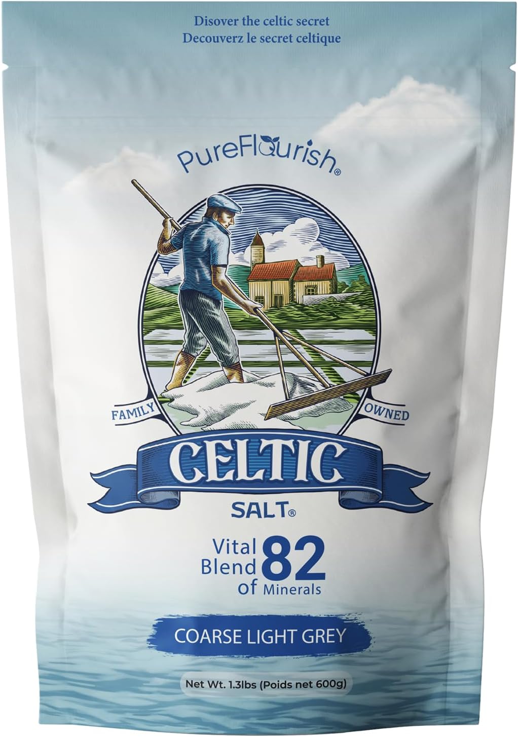 Pure Flourish Celtic Salt - 600g | 100% Organic Unrefined Celtic Salt | Rich in 82+ Essential Minerals | Hand Harvested Light Grey Celtic Salt Crystals from France