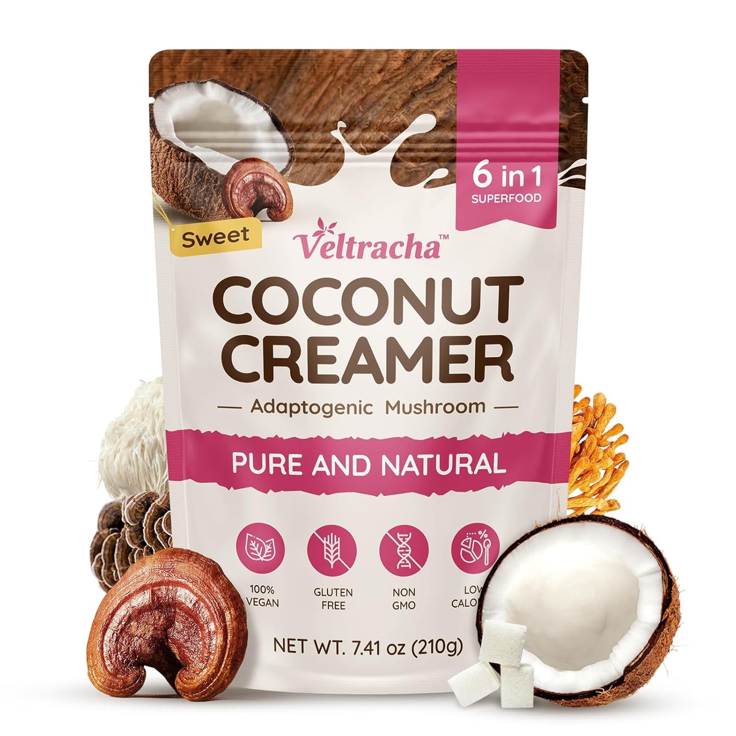 Veltracha Mushroom Coconut Coffee Creamer, Coffee Mate Creamer Powder with Pure Coconut Extract and 6 Adaptogenic Mushroom, Superfood Creamer Vegan & Unsweetened, 7.41oz (30 Servings), Mocha