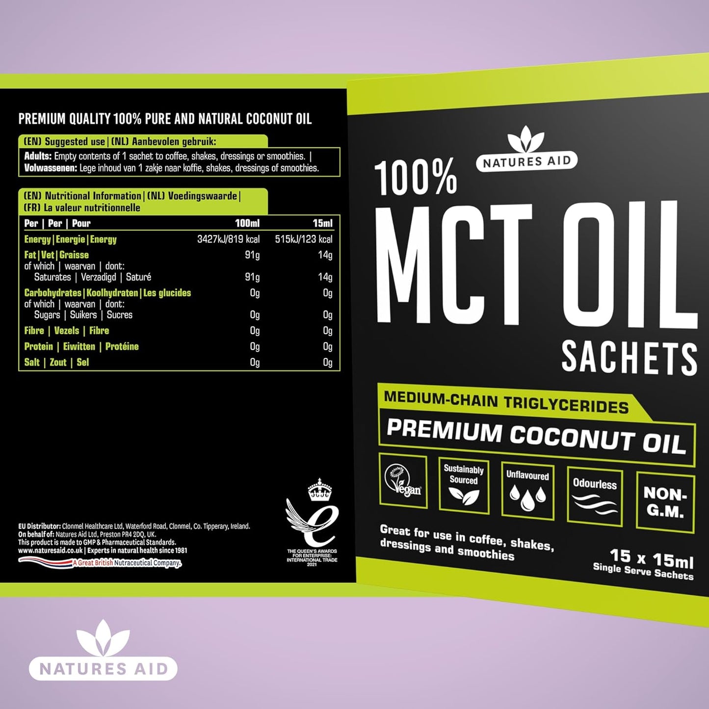 زيت MCT بنسبة 100% من Natures Aid، زيت جوز الهند الفاخر، من مصدر مستدام، يُضاف إلى القهوة أو المخفوقات، نباتي، 500 مل
