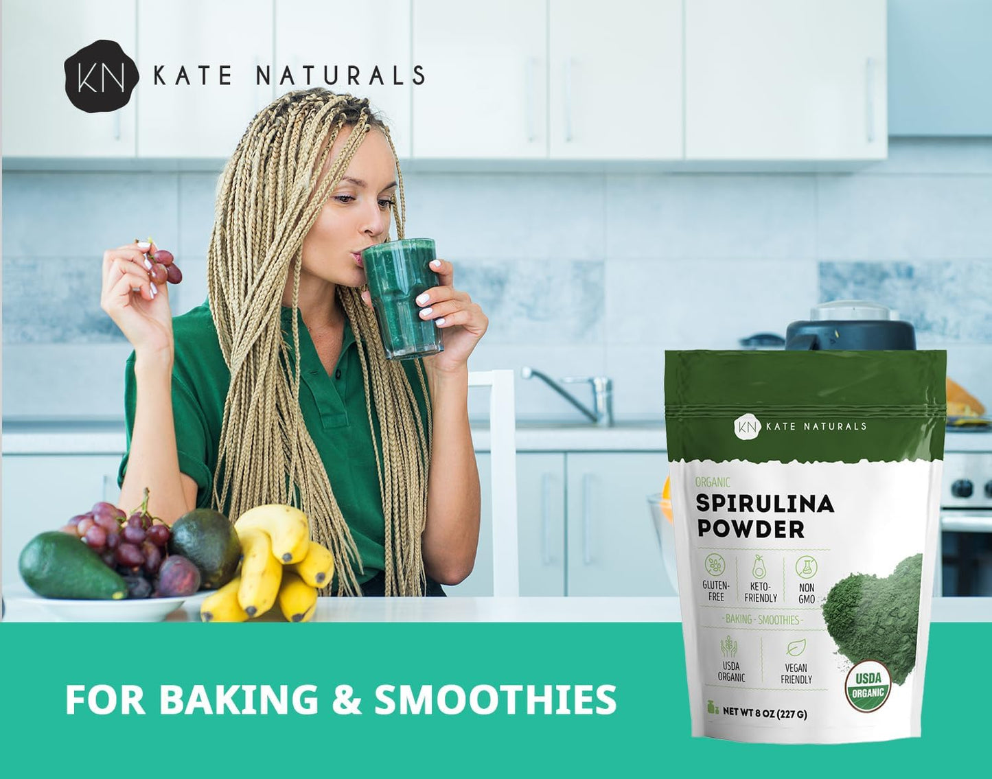 Kate Naturals Organic Super Greens Powder. Daily Greens Superfood Blend with Probiotics & Fiber for Smoothies and Juice (30 Servings, 8oz, Natural)