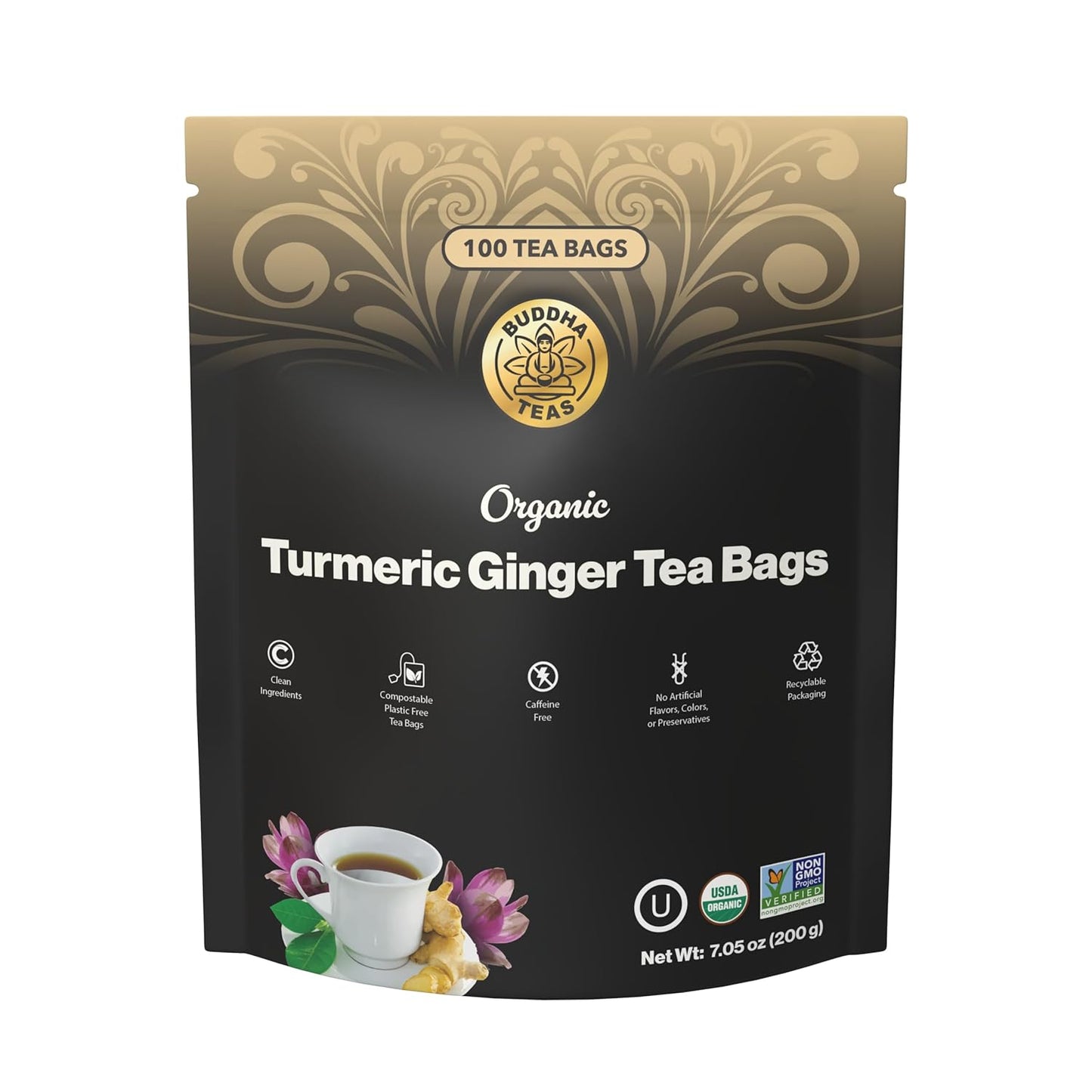 Buddha Teas Organic Turmeric Ginger Tea - OU Kosher, USDA Organic, CCOF Organic, 18 Bleach-Free Tea Bags