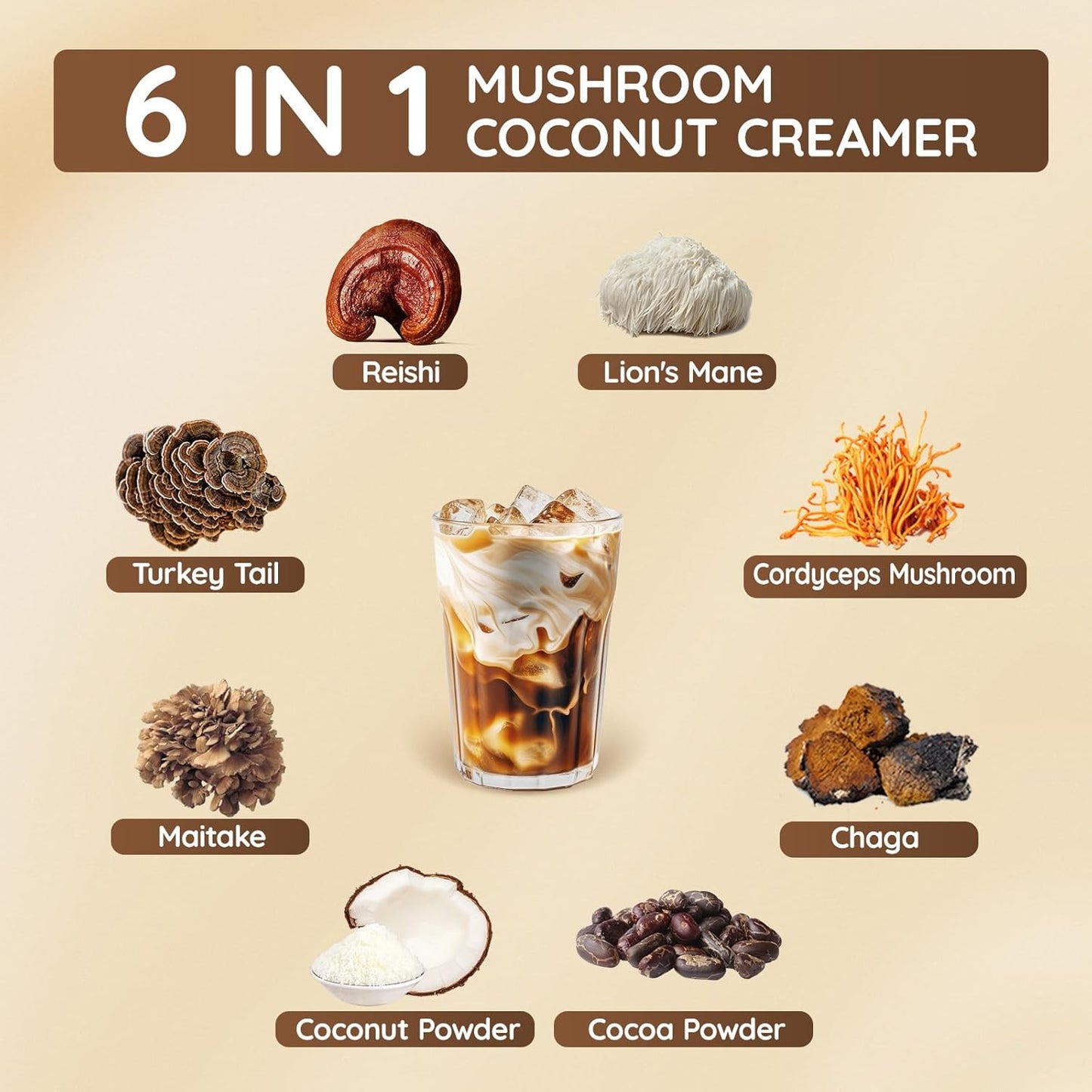 Veltracha Mushroom Coconut Coffee Creamer, Coffee Mate Creamer Powder with Pure Coconut Extract and 6 Adaptogenic Mushroom, Superfood Creamer Vegan & Unsweetened, 7.41oz (30 Servings), Mocha