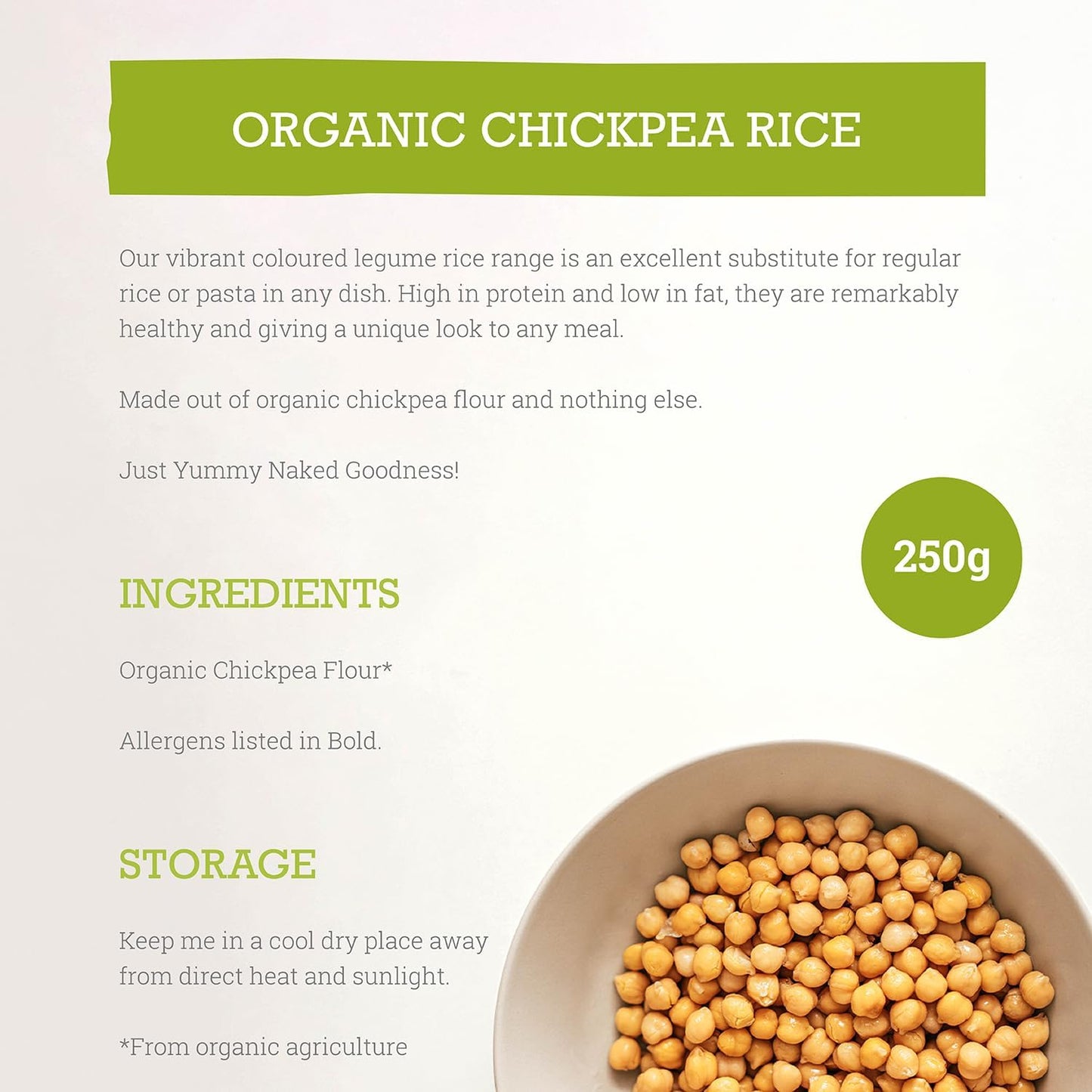 Mr Organic - Organic Chickpea Protein Rice 250g - Non GMO & Preservative Free - Gluten Free & Vegan - Made With Organic Chickpea Flour - Pack of 1