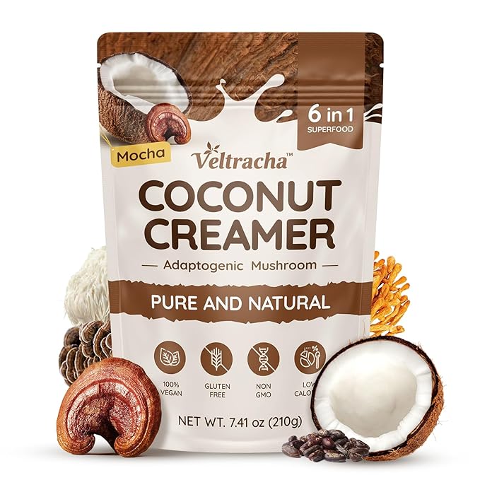 Veltracha Mushroom Coconut Coffee Creamer, Coffee Mate Creamer Powder with Pure Coconut Extract and 6 Adaptogenic Mushroom, Superfood Creamer Vegan & Unsweetened, 7.41oz (30 Servings), Mocha
