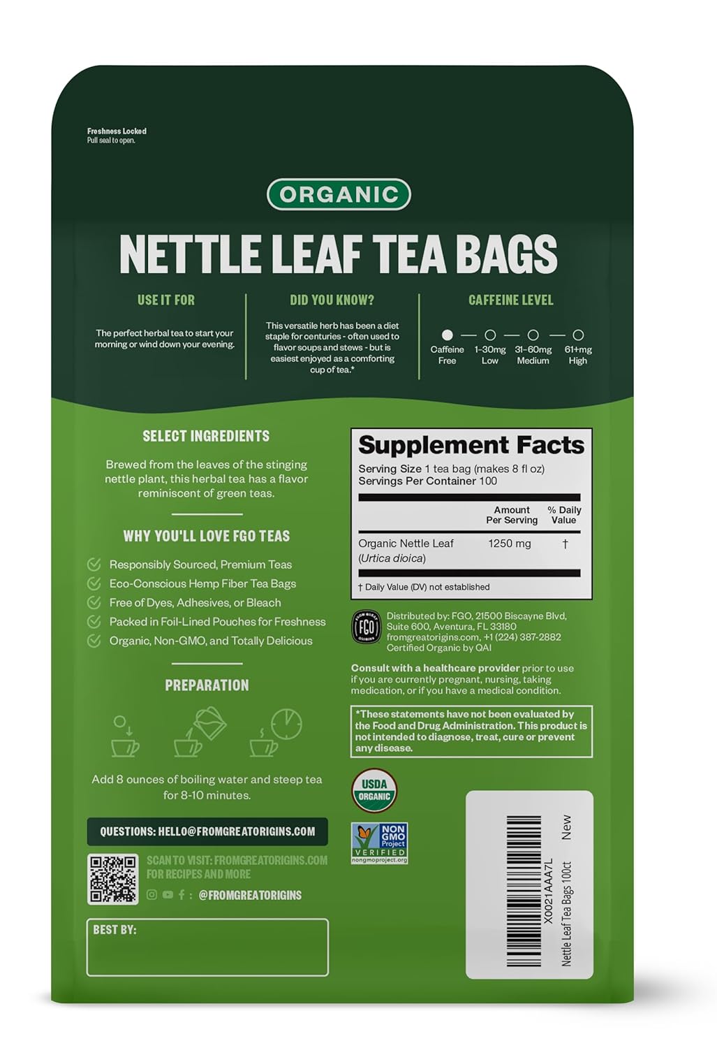 FGO Organic Nettle Leaf Tea, 100 Count, Eco-Conscious Tea Bags, Caffeine Free, Resealable Bag, Packaging May Vary (Pack of 1)