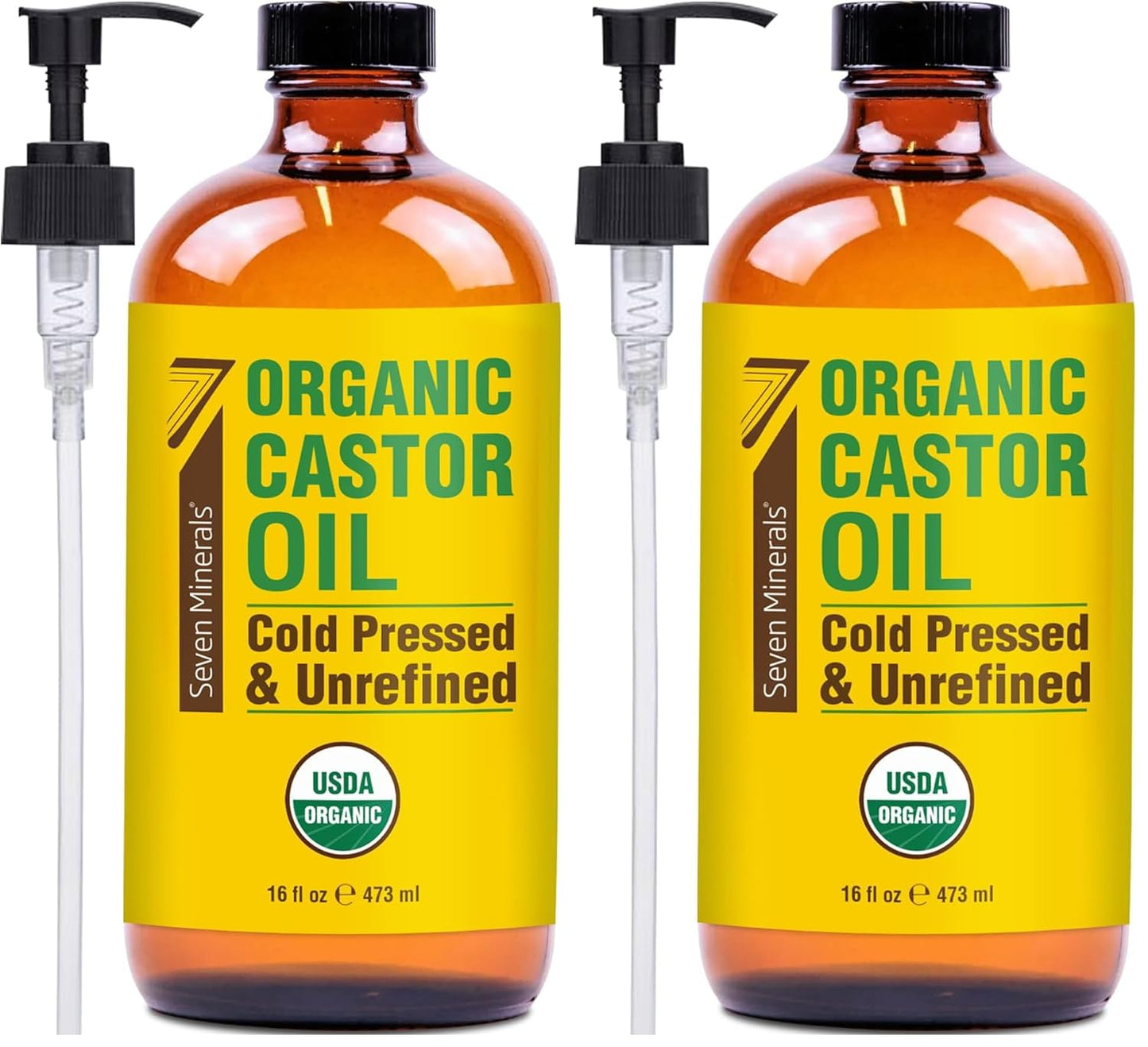 Seven Minerals New 16 fl oz Glass Bottle Castor Oil Organic Cold Pressed Unrefined Glass Bottle Pack - 100% Pure USDA Certified Organic Hexane Free