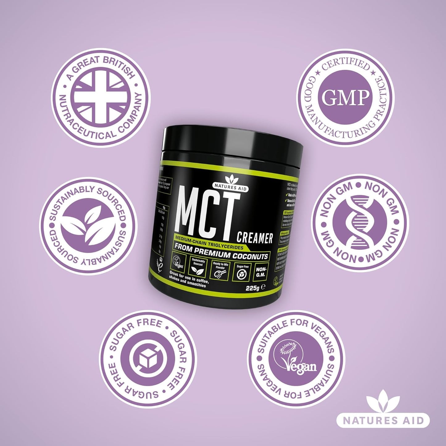 زيت MCT بنسبة 100% من Natures Aid، زيت جوز الهند الفاخر، من مصدر مستدام، يُضاف إلى القهوة أو المخفوقات، نباتي، 500 مل