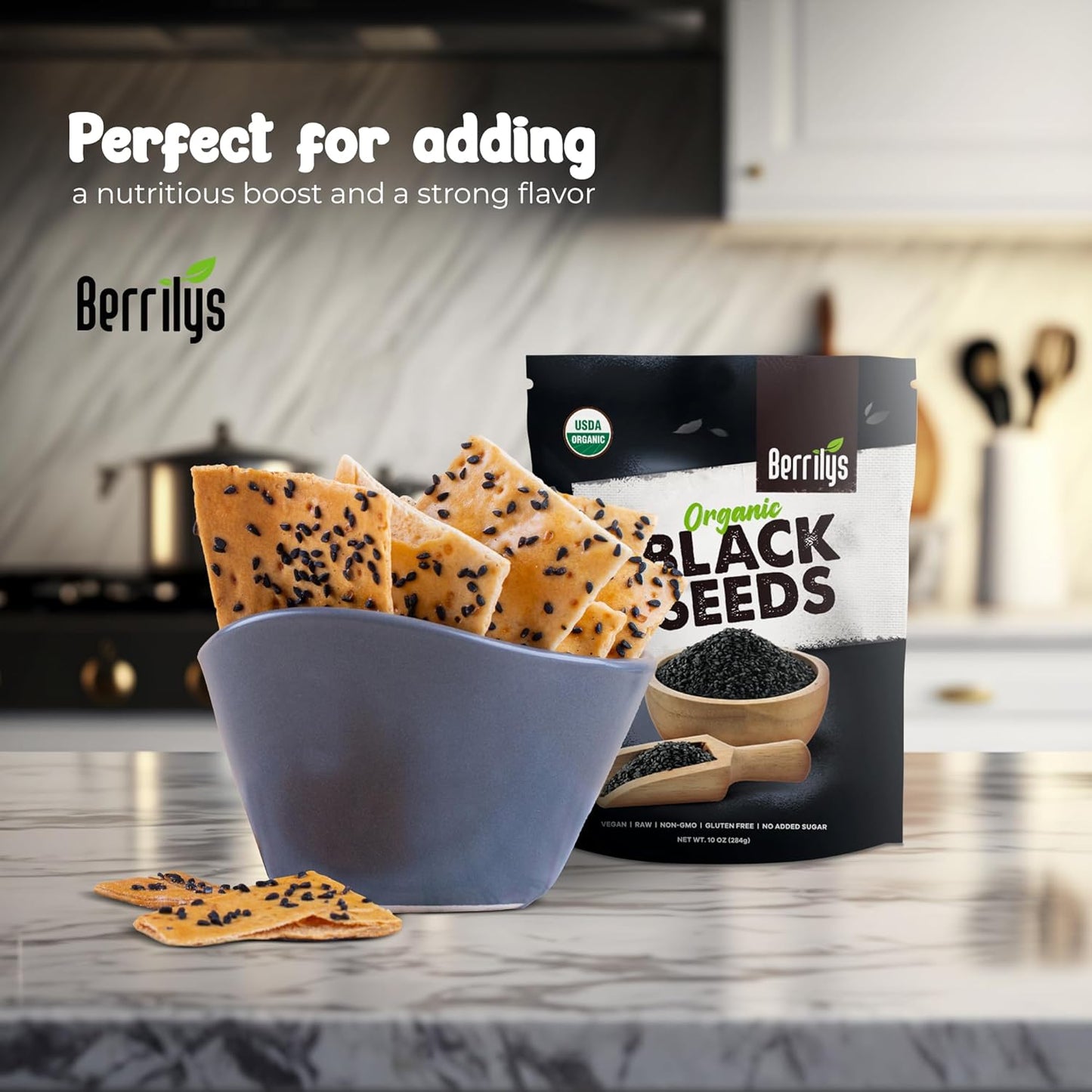 Berrilys Black Seeds - USDA Organic Nigella Sativa, Kalonji & Black Cumin Seeds, Vegan, Gluten-Free - Pure Spice & Health Food, Enhances Flavor of Dishes, Nutrient-Rich, Premium Quality - 10oz