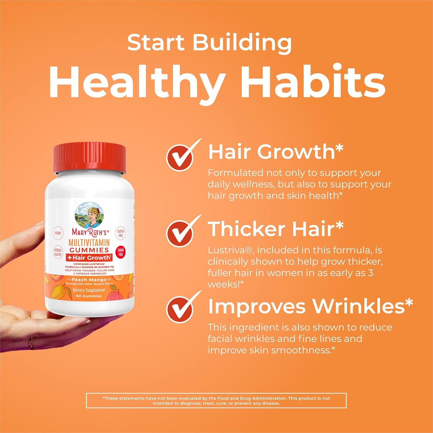 MaryRuth's Multivitamin + Hair Growth Gummies | with Lustriva® | Biotin 10000mcg | B Vitamins | Formulated for Thicker Hair, Wrinkles, Fine Lines, Skin Care | Ages 18+ | 30 Servings