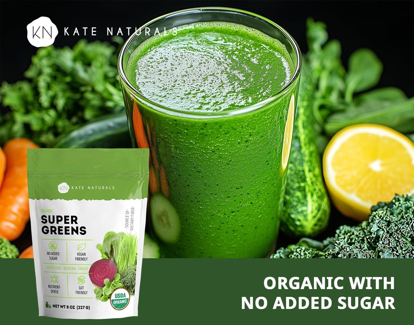Kate Naturals Organic Super Greens Powder. Daily Greens Superfood Blend with Probiotics & Fiber for Smoothies and Juice (30 Servings, 8oz, Natural)
