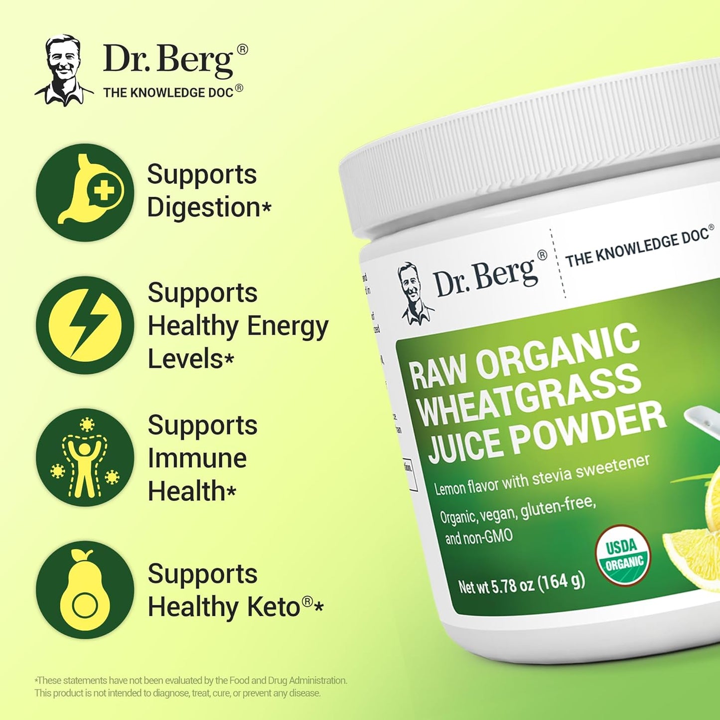 Dr. Berg USDA Certified Organic Green Powder Superfood (60 Servings) - Made with Raw Wheatgrass Powder, Chlorophyll, Trace Minerals & Natural Enzymes - Non-GMO Green Superfood Powder - Lemon Flavor