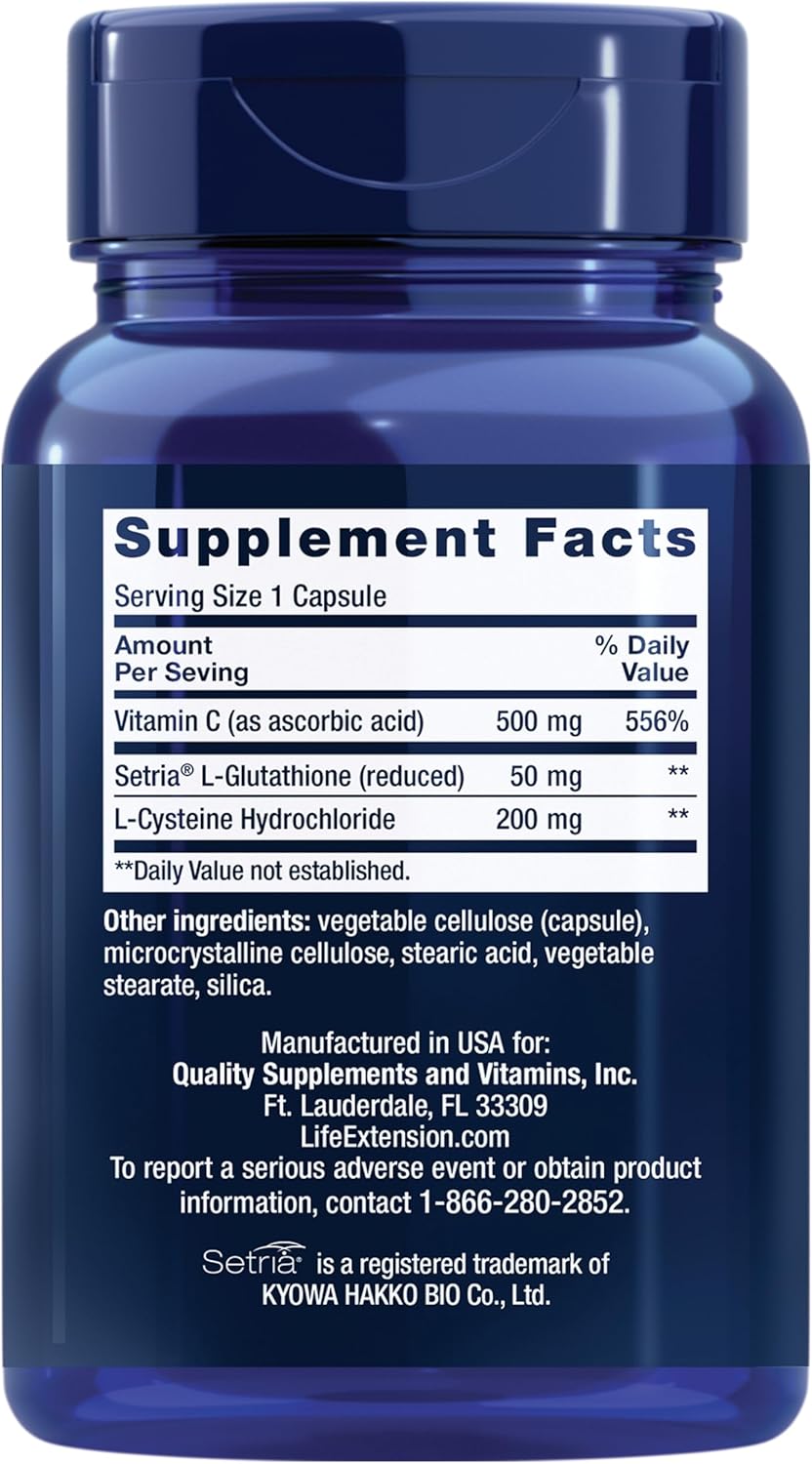 Life Extension Glutathione, Cysteine & C, 500 mg of Vitamin C, Powerful antioxidant Supplement to Support Liver Health, Gluten-Free, Non-GMO, 100 Capsules