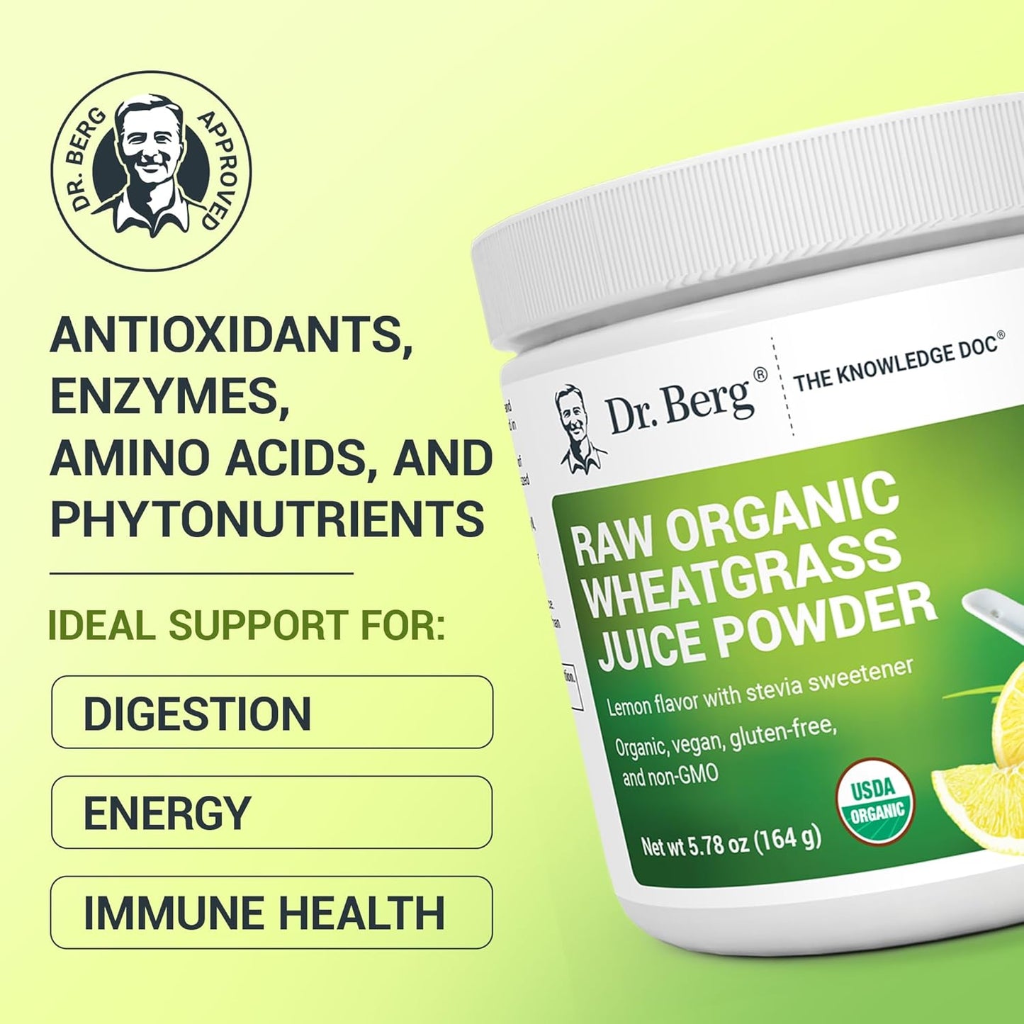 Dr. Berg USDA Certified Organic Green Powder Superfood (60 Servings) - Made with Raw Wheatgrass Powder, Chlorophyll, Trace Minerals & Natural Enzymes - Non-GMO Green Superfood Powder - Lemon Flavor