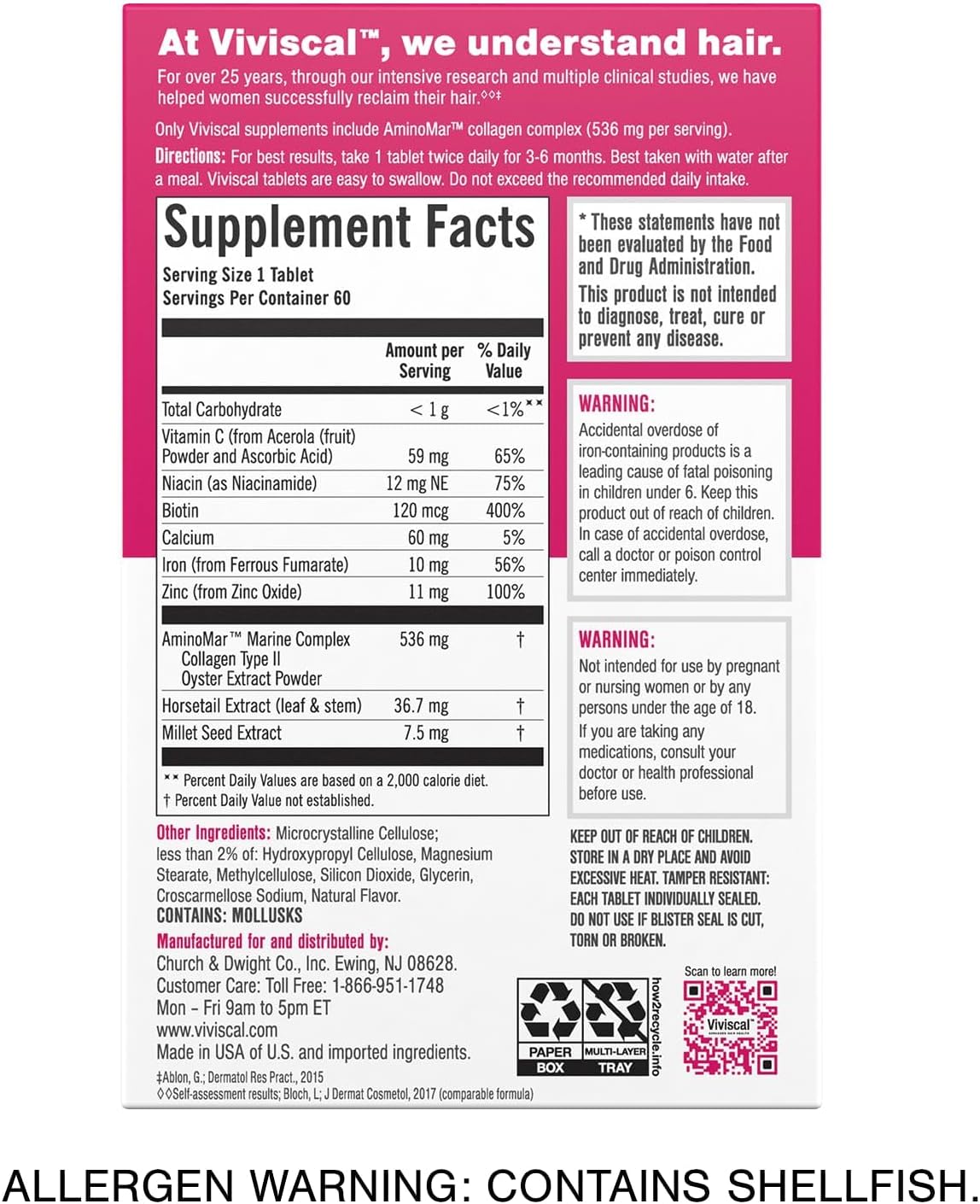 Viviscal Hair Growth Supplements For Women For Thicker, Fuller Hair, Nourishes Thinning & Loss, With Proprietary Collagen Complex, 180 Tablets, 3 Month Supply