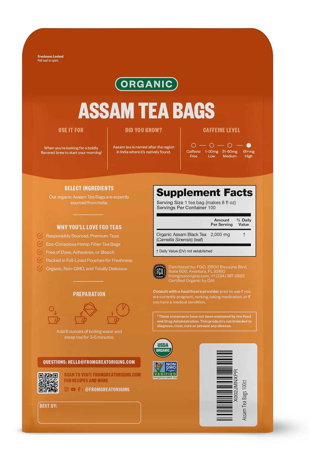 FGO Organic Nettle Leaf Tea, 100 Count, Eco-Conscious Tea Bags, Caffeine Free, Resealable Bag, Packaging May Vary (Pack of 1)