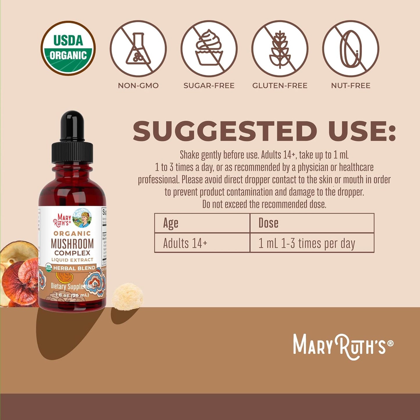 MaryRuth Organics USDA Mushroom Complex | Herbal Liquid Drops | Supplement | Lion's Mane | Reishi Mushroom | Shiitake Mushrooms | Non-GMO | Vegan | Alcohol Free Tincture | 30 Servings