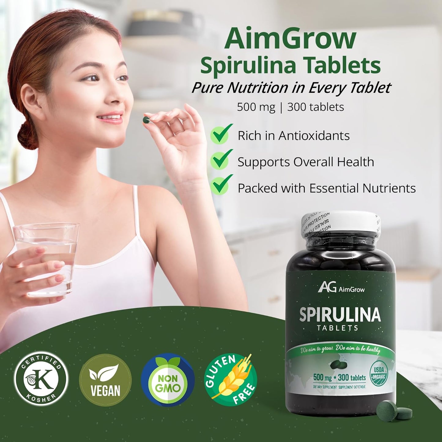 Spirulina Tablets, Nutrient-Rich Supplement for Energy and Immune Health, Non-GMO and Gluten-Free, Meets Health Canada Standards, 500mg, 300 Tablets