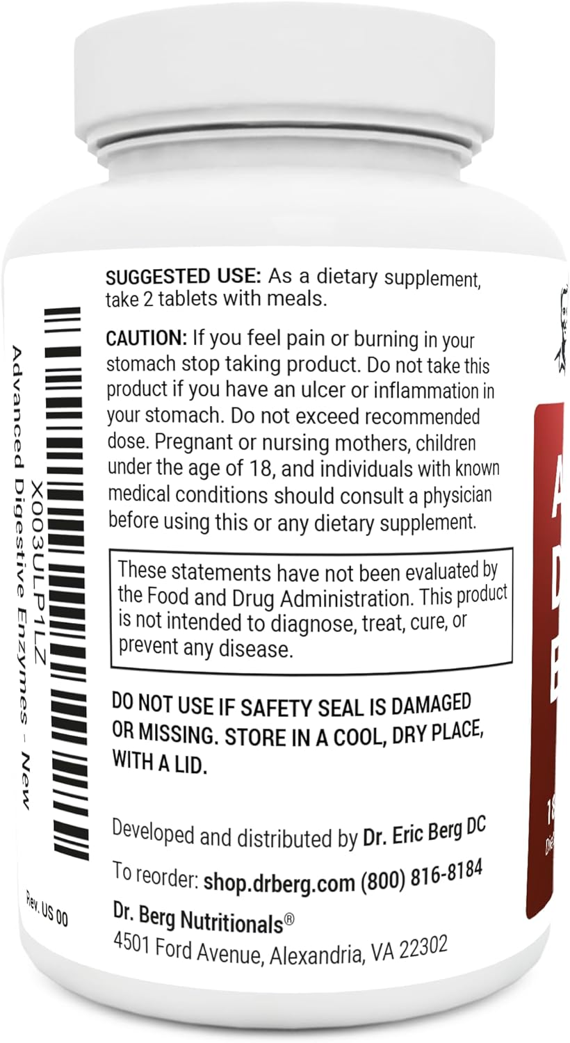 Dr. Berg Advanced Digestive Enzymes with Apple Cider Vinegar - Includes Digestive Health Ingredients Like Betaine Hydrochloride (HCI), Ginger Root & Peppermint Leaf - 180 Tablets