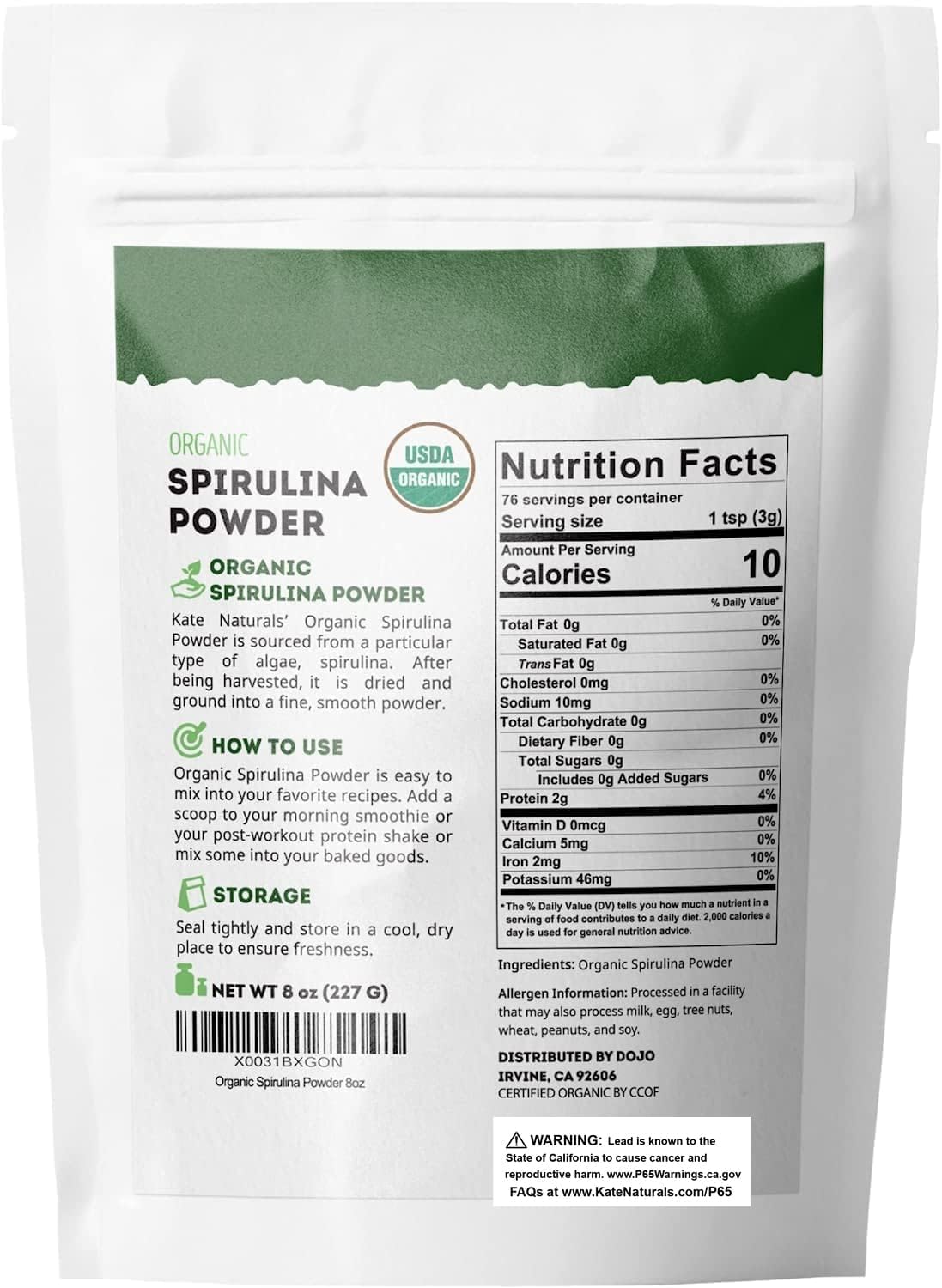 Kate Naturals Organic Super Greens Powder. Daily Greens Superfood Blend with Probiotics & Fiber for Smoothies and Juice (30 Servings, 8oz, Natural)