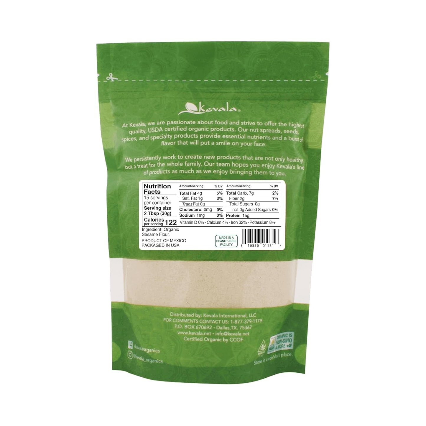 Kevala Organic Sesame Flour - 16 oz – 1 LB – Gluten Free – Sesame Seeds Organic – Vegan Flour – Raw Unhulled Seeds