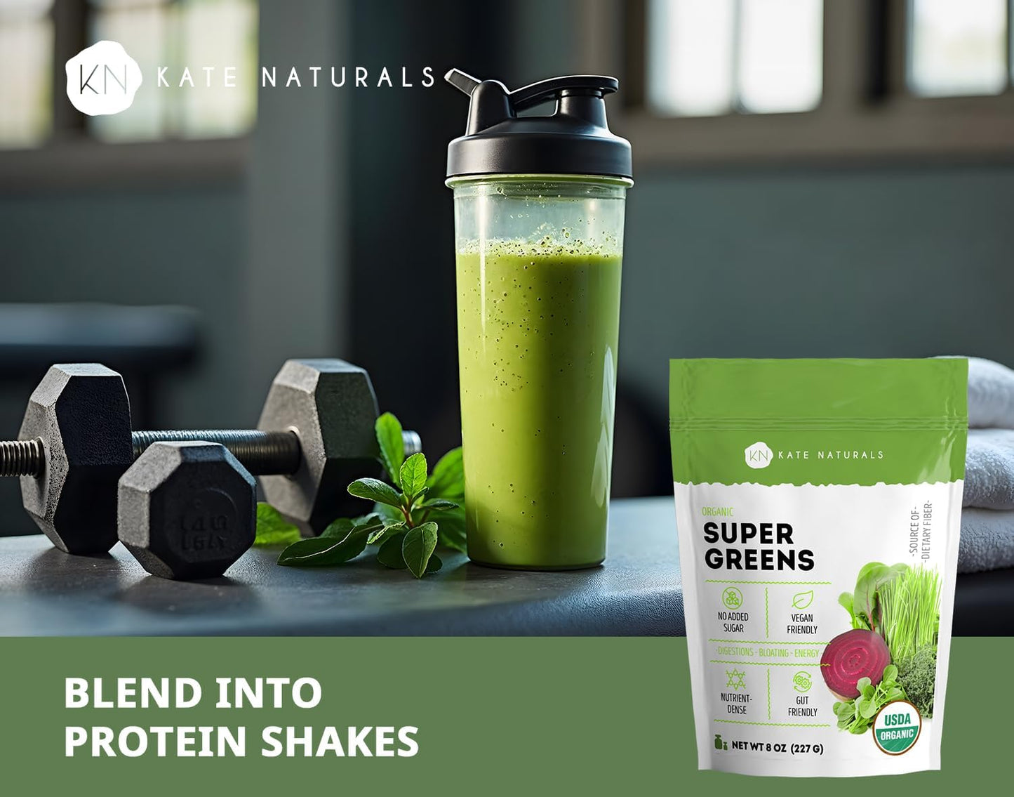 Kate Naturals Organic Super Greens Powder. Daily Greens Superfood Blend with Probiotics & Fiber for Smoothies and Juice (30 Servings, 8oz, Natural)