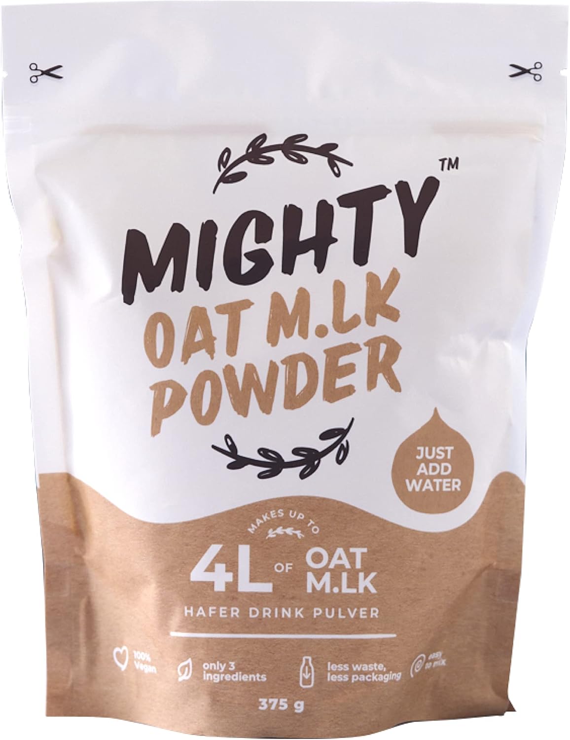 MIGHTY Oat Milk Powder, (375g Bag, Makes 4L of Oat M.lk), Vegan Coffee Creamer, Ideal for Camping, Travelling, Festivals