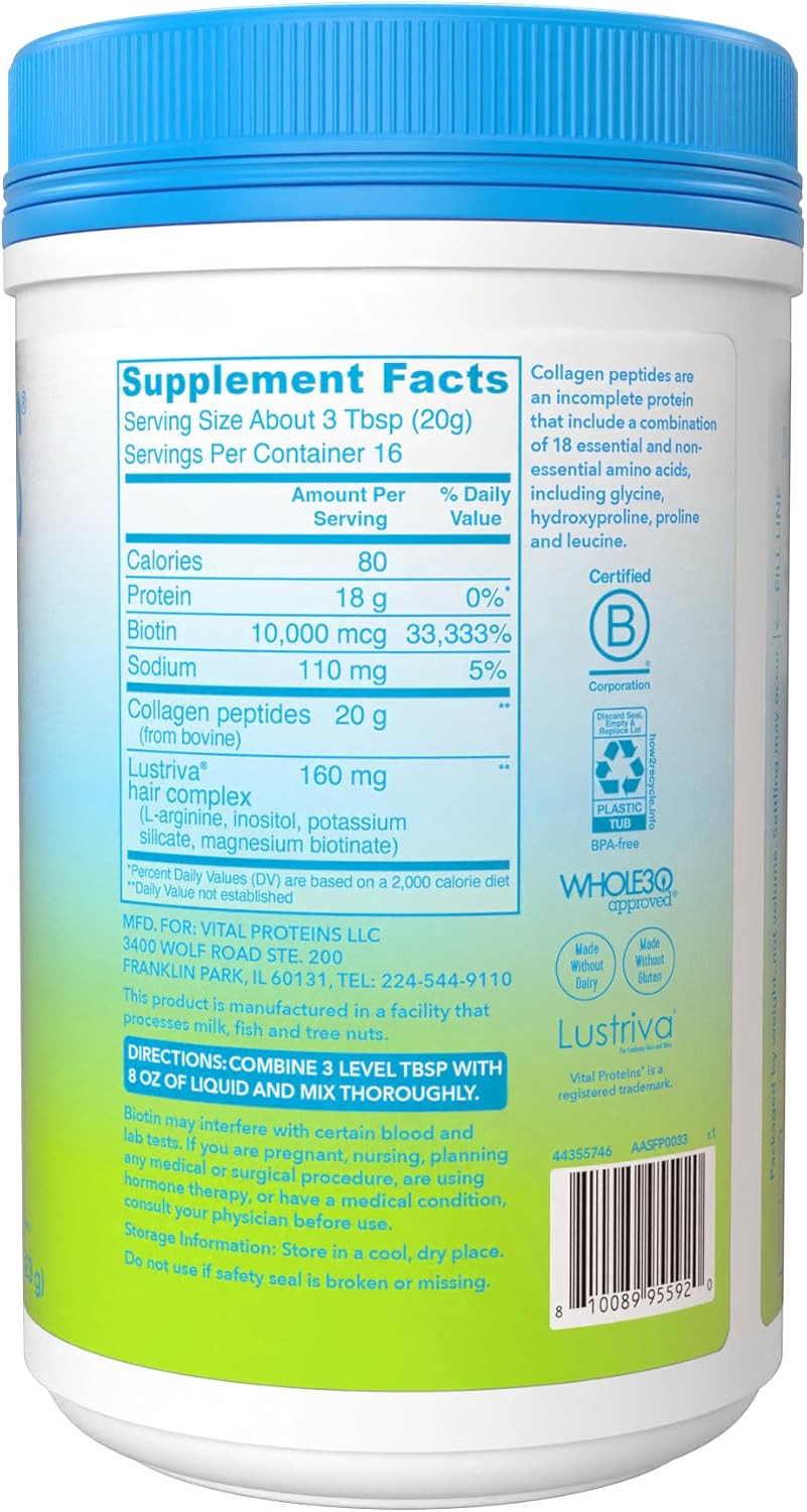 Vital Proteins Collagen Peptides + Biotin 10000mcg Hair Complex, Hair Growth Supplement - Clinically Studied Lustriva to Promote Thicker Fuller Hair, 20g Unflavored Collagen for Women 11.4oz Powder