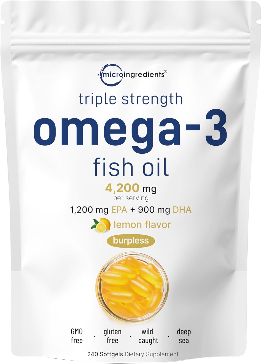 Micro Ingredients Triple Strength Omega 3 Fish Oil Supplements 4200mg Per Serving, 120 Softgels – Lemon Flavored – Burpless | EPA 1200mg + DHA 900mg | Deep Sea Fish