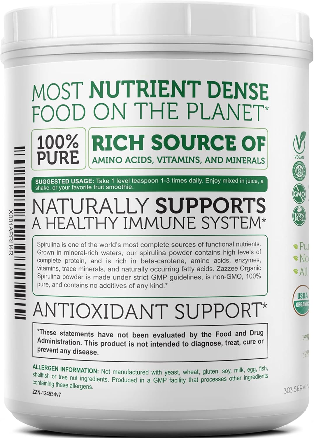 Zazzee Organic Spirulina Powder, 2.2 Pounds (1 KG), USDA Certified, 303 Servings, 100% Pure, Non-Irradiated, Mess-Free Wide Mouth Container, Fresh Smell and Neutral Taste, Vegan, Non-GMO, Gluten-Free