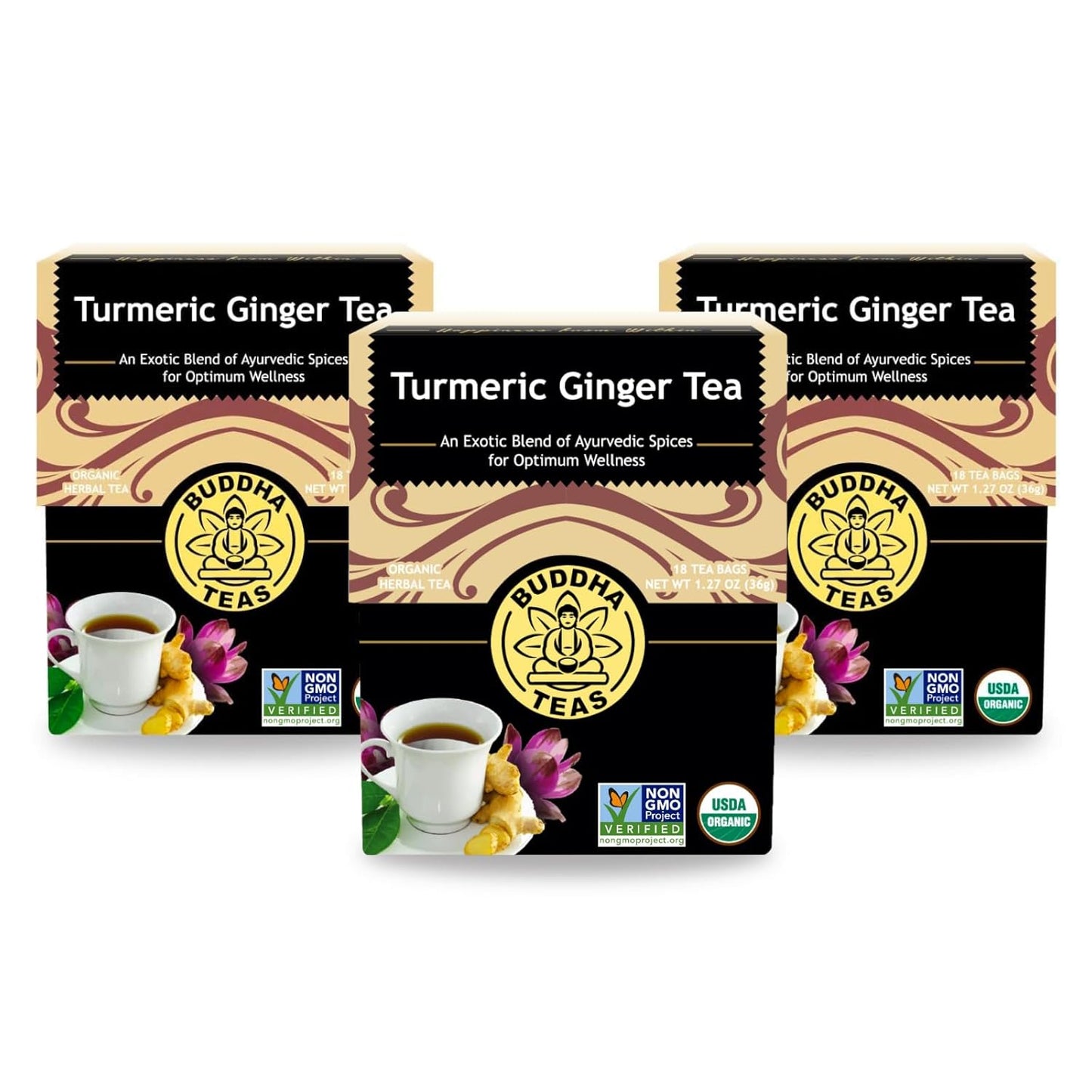 Buddha Teas Organic Turmeric Ginger Tea - OU Kosher, USDA Organic, CCOF Organic, 18 Bleach-Free Tea Bags