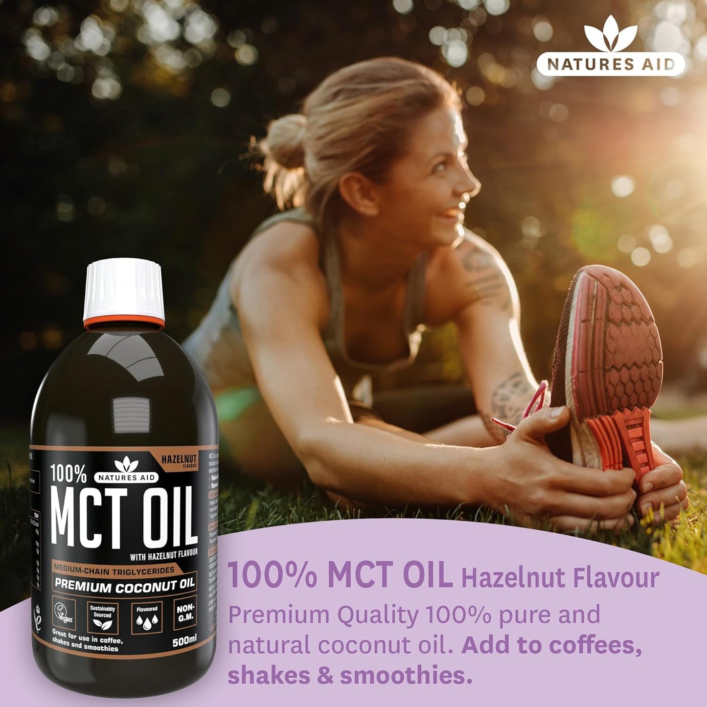 زيت MCT بنسبة 100% من Natures Aid، زيت جوز الهند الفاخر، من مصدر مستدام، يُضاف إلى القهوة أو المخفوقات، نباتي، 500 مل