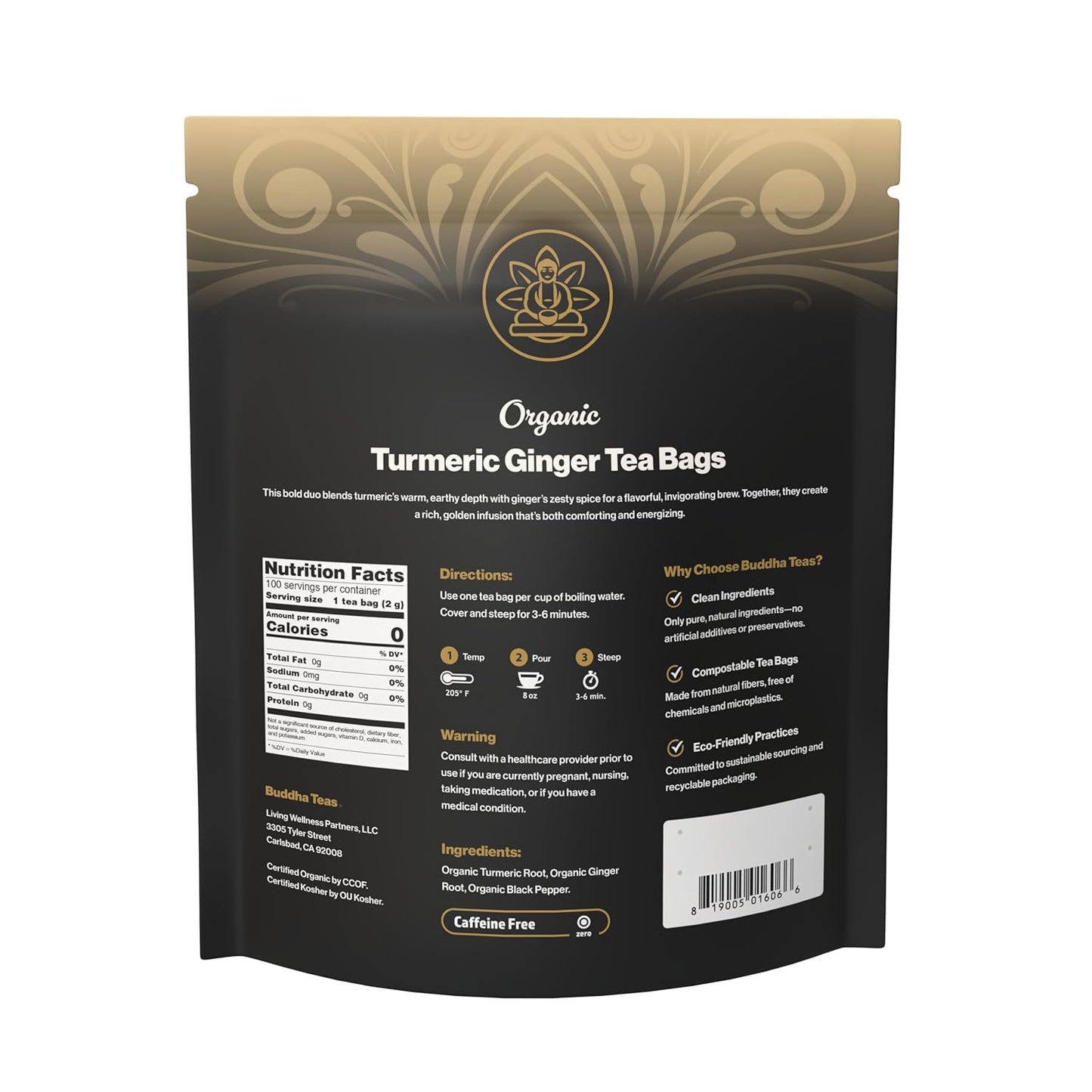 Buddha Teas Organic Turmeric Ginger Tea - OU Kosher, USDA Organic, CCOF Organic, 18 Bleach-Free Tea Bags