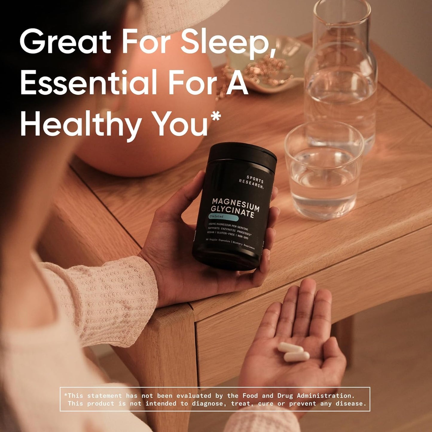 Sports Research® Magnesium Glycinate - Supports Restful Sleep & Enzymatic Processes - 160 mg Chelated Magnesium - Vegan Capsule - 90 Count