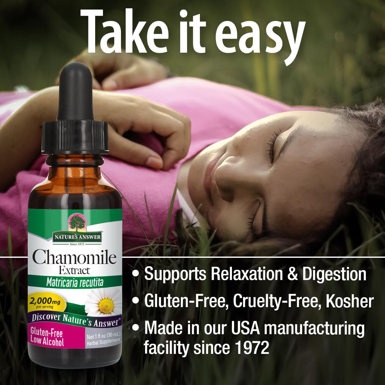 Nature's Answer Chamomile Flower with Organic-Alcohol 2000mg 1oz Extract | Mood Support | Digestion Support | Gluten-Free, Non-GMO, Vegan, No Artificial Flavors or Preservatives | Single County