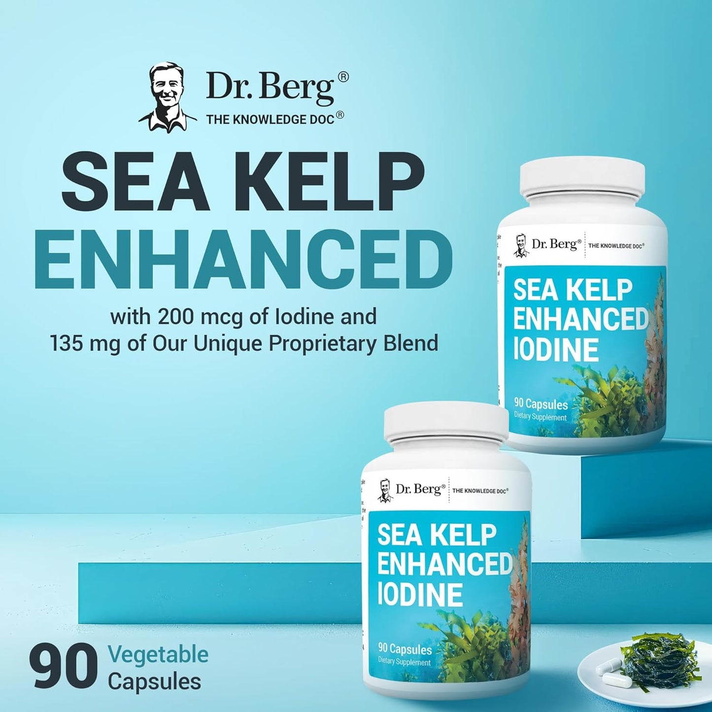 Dr. Berg Sea Kelp Enhanced Iodine - 200 mcg of Premium Iodine - Seaweed Blend Includes Klamath Blue-Green Algae & Sea Kelp - 90 Capsules