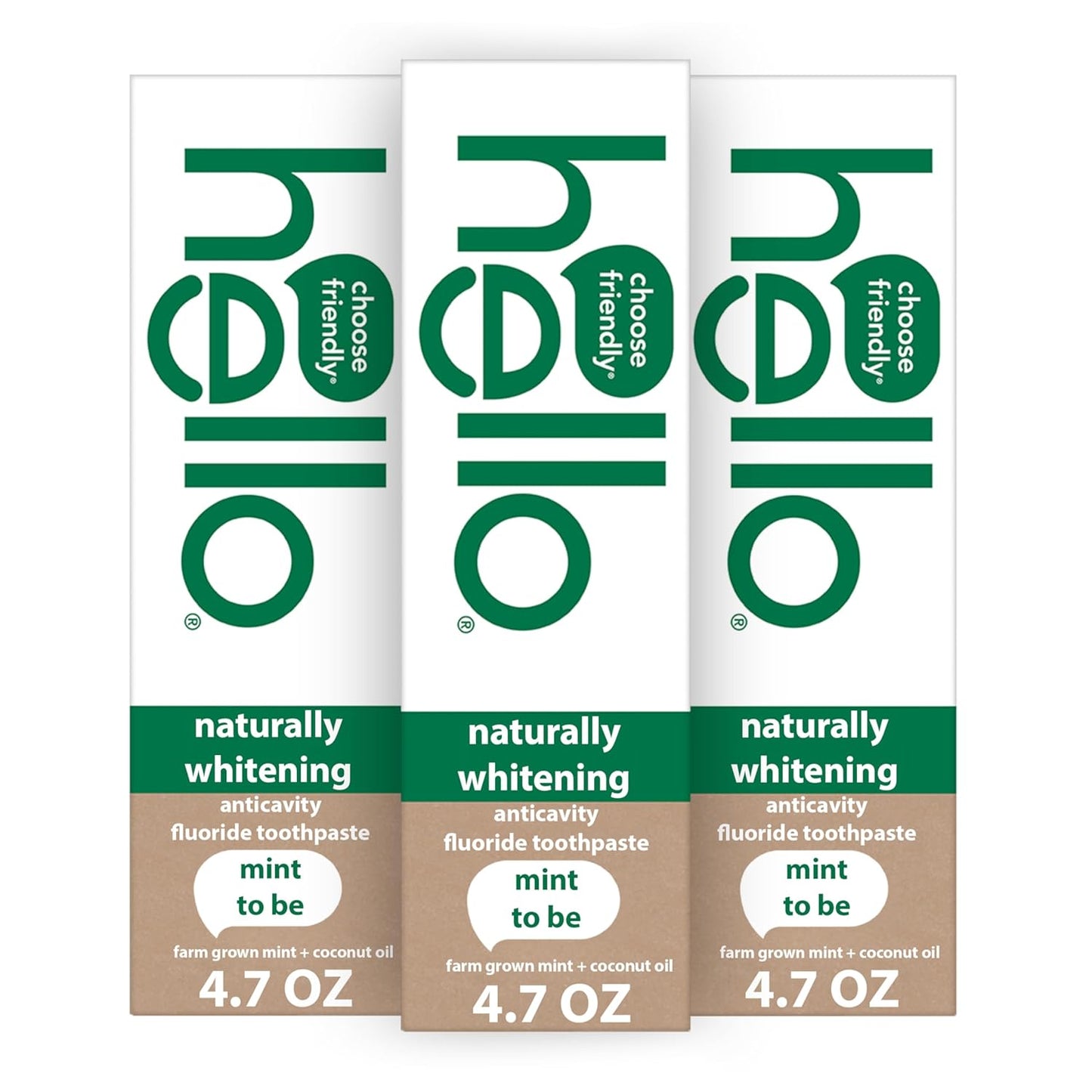 Hello Naturally Whitening Fluoride Toothpaste, Natural Whitening Toothpaste with Coconut Oil and Tea Tree Oil, Tames Bad Breath, Helps Moisturize, and Fights Cavities, Mint, 3 Pack, 4.7 Oz Tubes