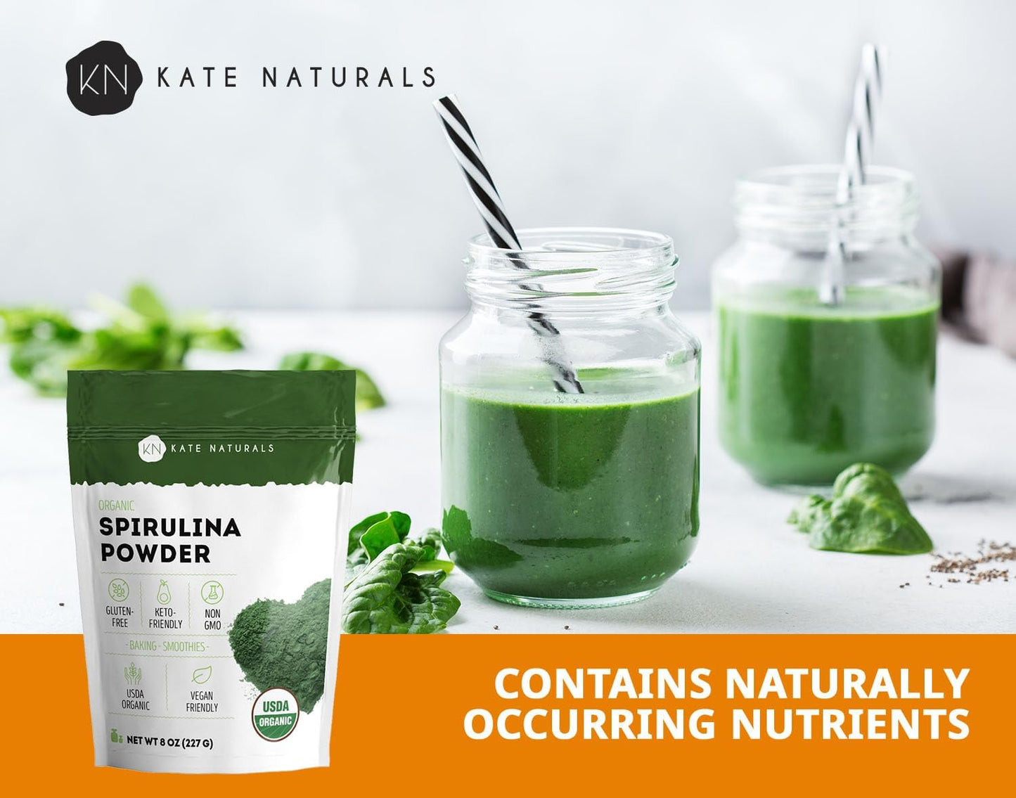 Kate Naturals Organic Super Greens Powder. Daily Greens Superfood Blend with Probiotics & Fiber for Smoothies and Juice (30 Servings, 8oz, Natural)