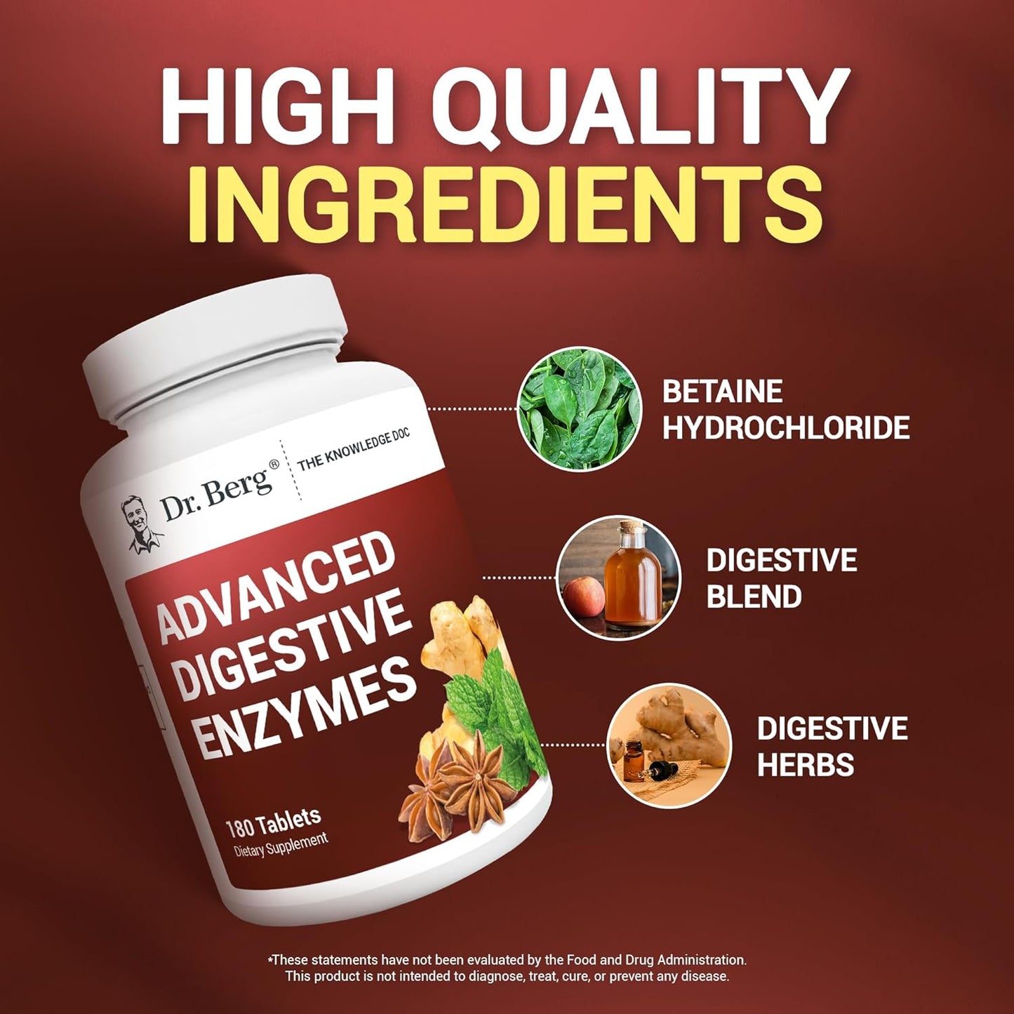 Dr. Berg Advanced Digestive Enzymes with Apple Cider Vinegar - Includes Digestive Health Ingredients Like Betaine Hydrochloride (HCI), Ginger Root & Peppermint Leaf - 180 Tablets