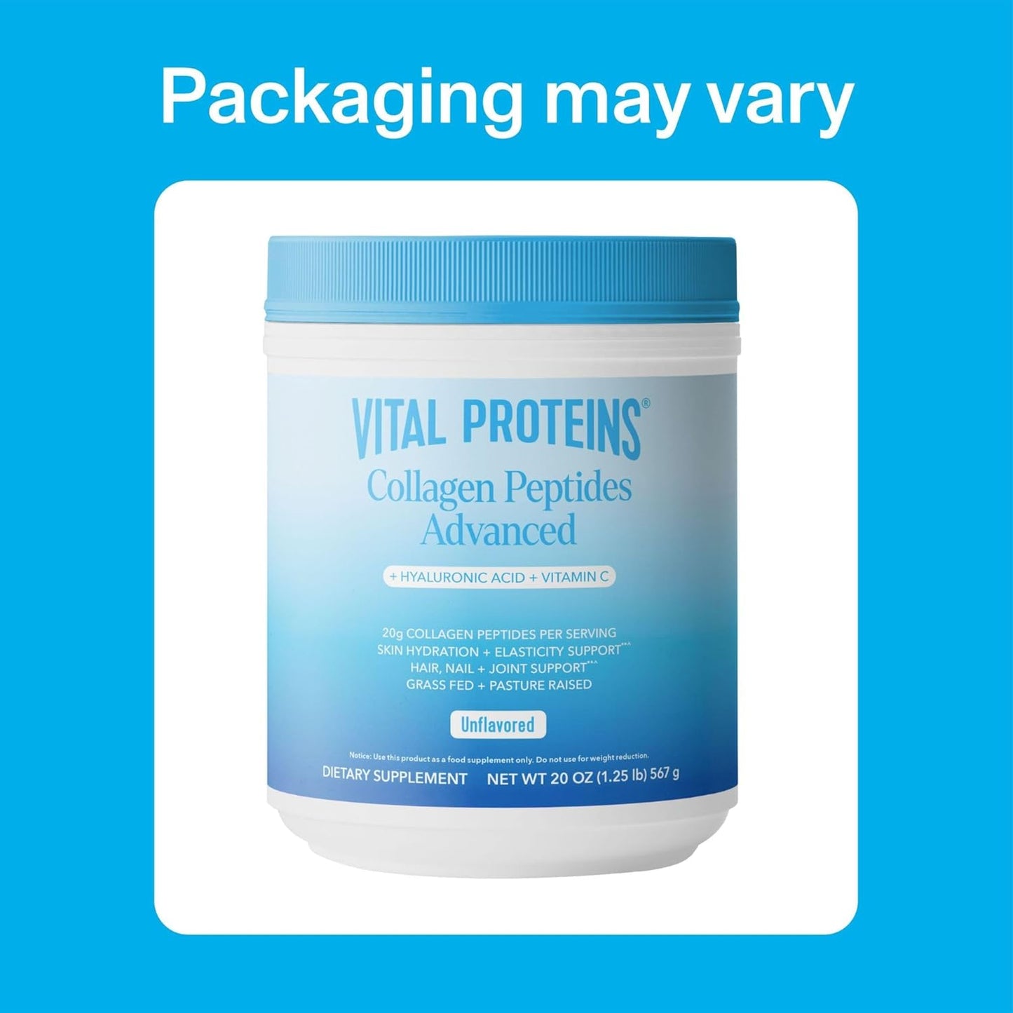 Vital Proteins Collagen Peptides Powder Advanced with Hyaluronic Acid & Vitamin C - 20oz Collagen Protein, Unflavored, 27 Servings