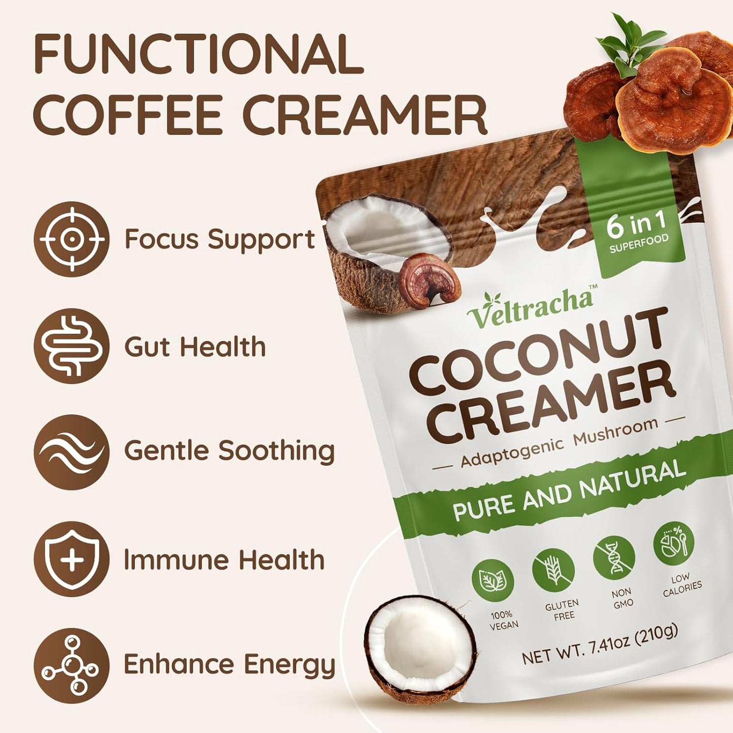 Veltracha Mushroom Coconut Coffee Creamer, Coffee Mate Creamer Powder with Pure Coconut Extract and 6 Adaptogenic Mushroom, Superfood Creamer Vegan & Unsweetened, 7.41oz (30 Servings), Mocha