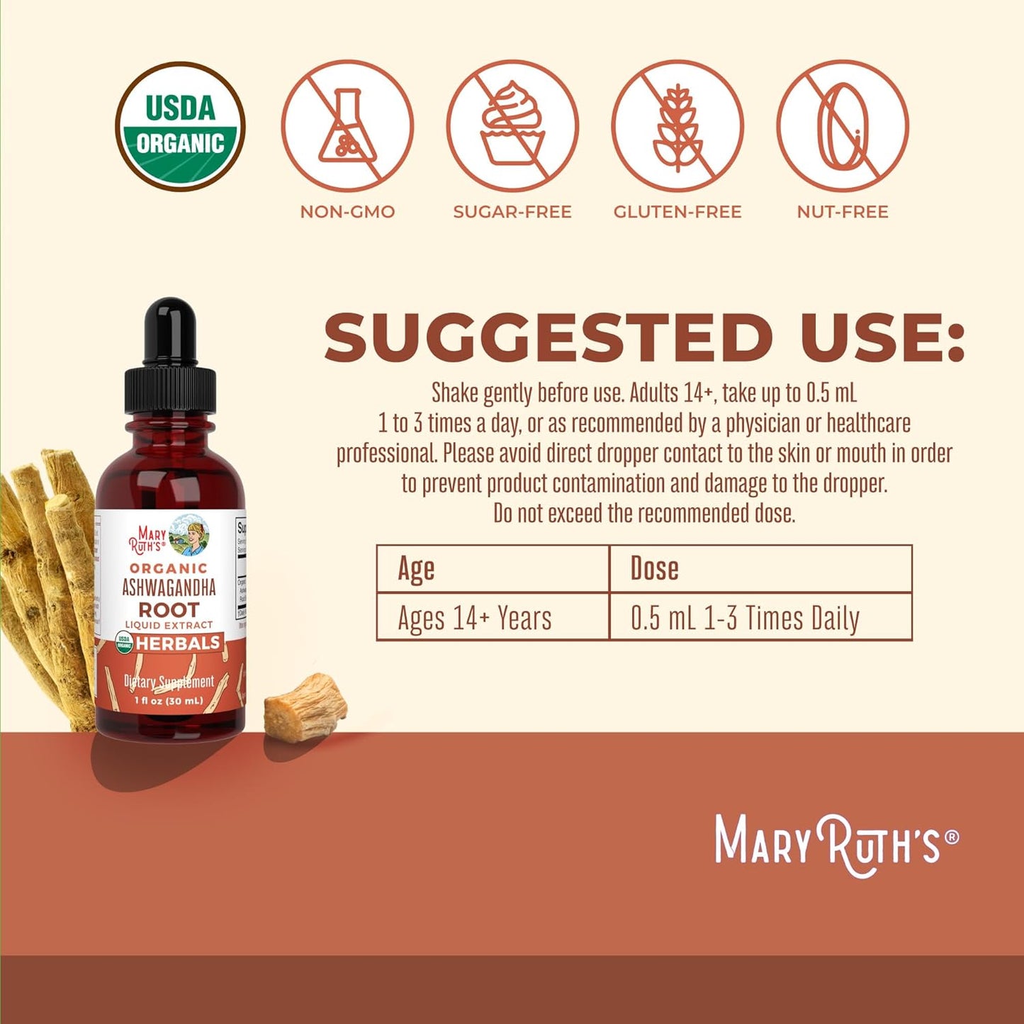 USDA Organic Ashwagandha Root Liquid Drops by MaryRuth's | Adaptogenic, Nervine, Neuroprotective | May Help Alleviate Stress & Regulate Homeostasis | Non-GMO, Vegan, 1oz