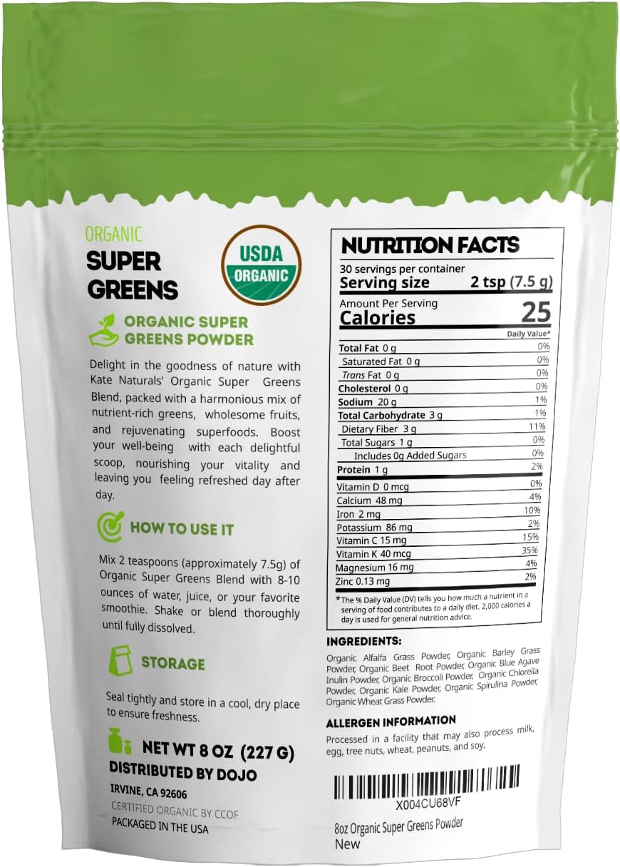 Kate Naturals Organic Super Greens Powder. Daily Greens Superfood Blend with Probiotics & Fiber for Smoothies and Juice (30 Servings, 8oz, Natural)