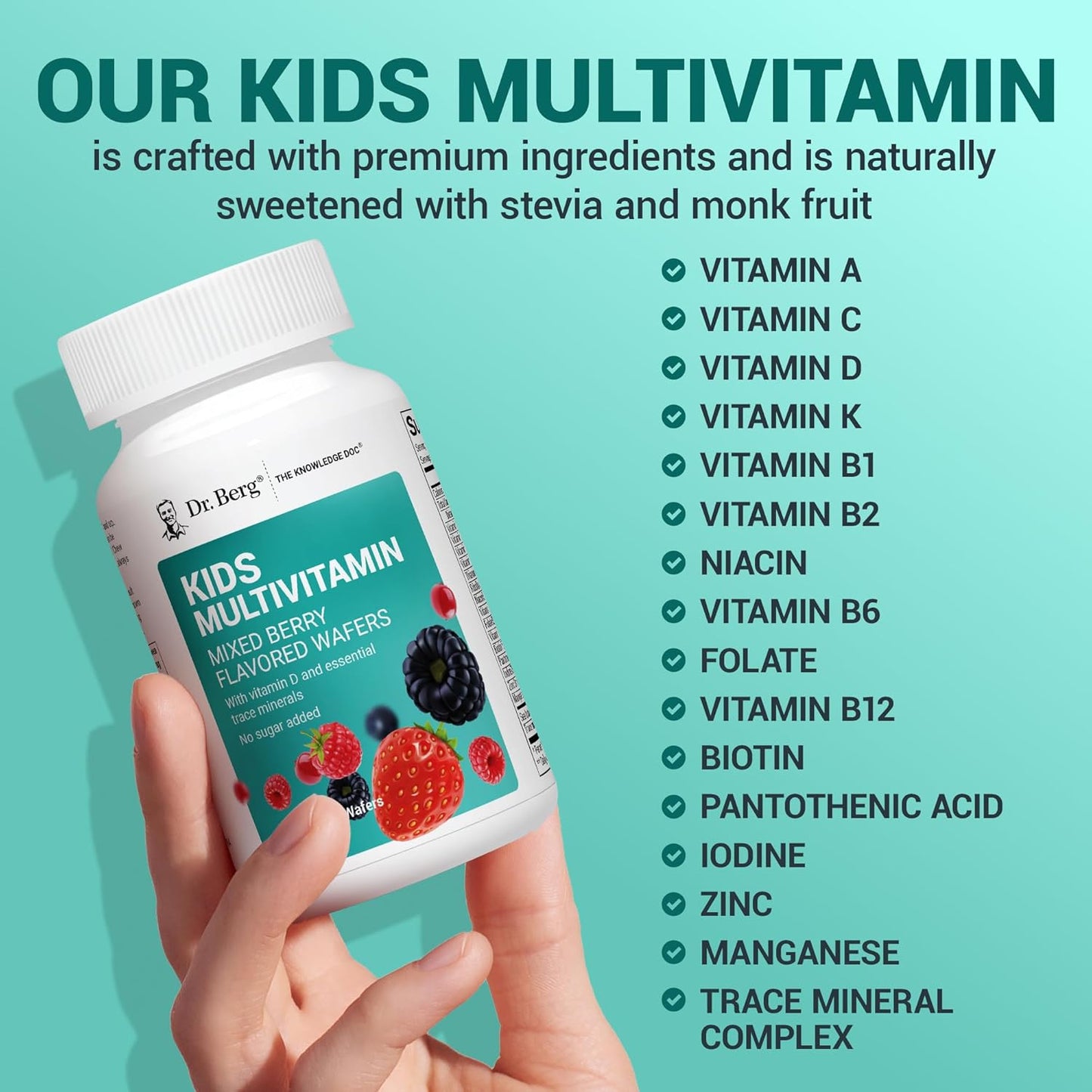 Dr. Berg Kids Chewable Multivitamins (NOT Sweetened w/Sugar) - Daily Multivitamin for Kids That Includes 20 Nutrients & Trace Mineral Complex - Mixed Berry Chewable Vitamins for Kid - Red Wafers
