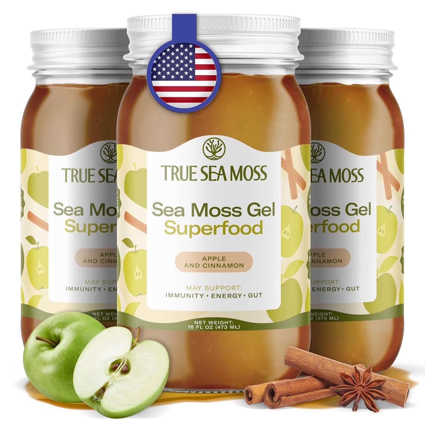 TrueSeaMoss Sea Moss Gel – Made in USA – Wildcrafted Seamoss, Fresh Fruits & Sea Vegetables – Apple/Cinnamon, Pack of 1 (Labels may Vary)