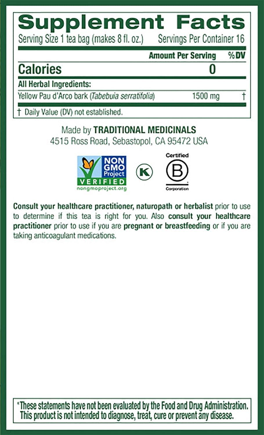 Traditional Medicinals Tea, Yellow Pau d'Arco, Everyday Wellness, 16 Tea Bags
