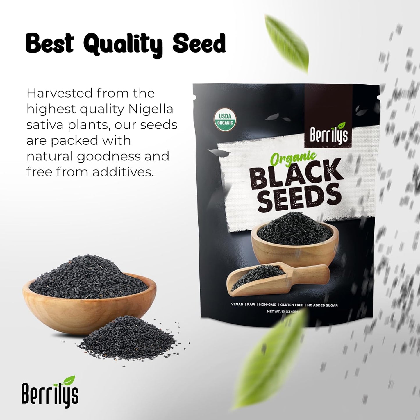 Berrilys Black Seeds - USDA Organic Nigella Sativa, Kalonji & Black Cumin Seeds, Vegan, Gluten-Free - Pure Spice & Health Food, Enhances Flavor of Dishes, Nutrient-Rich, Premium Quality - 10oz