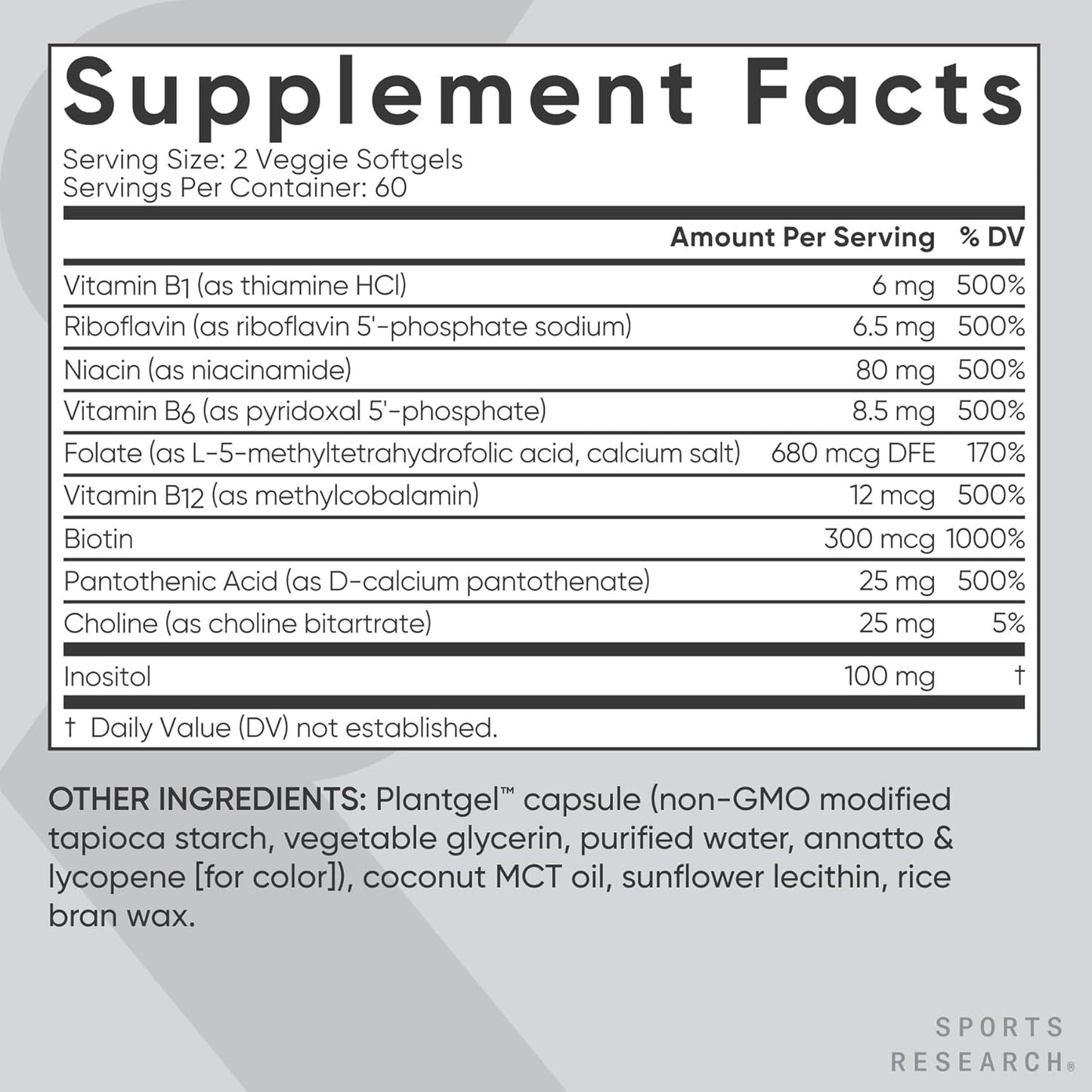 Sports Research Vitamin B-Complex - Full Spectrum of B Vitamins - Plant-Based Vegan-Friendly Formula - 60 Veggie Softgels